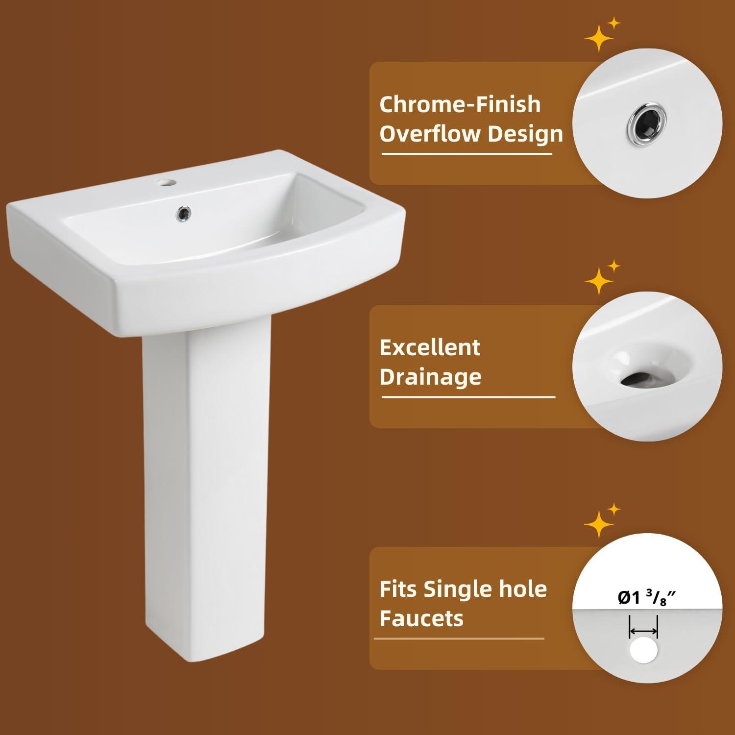 Classic Vintage Bathroom Pedestal Sink, Los Flexi 23"W x 19"D White Ceramic Freestanding Sinks for bathrooms, Overflow, 3 Pre-Drilled Holes for 4-Inch Faucets, Easy Install
