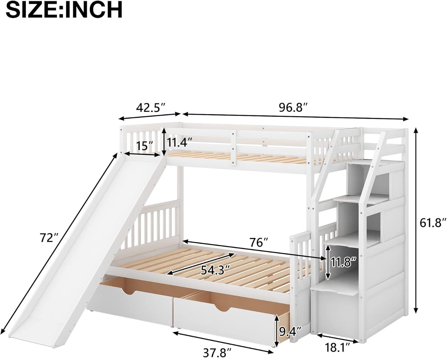 Twin Over Full Bunk Bed with Stairs and Slide, Solid Wood Bunk Bed Frame with Storage Drawers for Kids Girls Boys (White)
