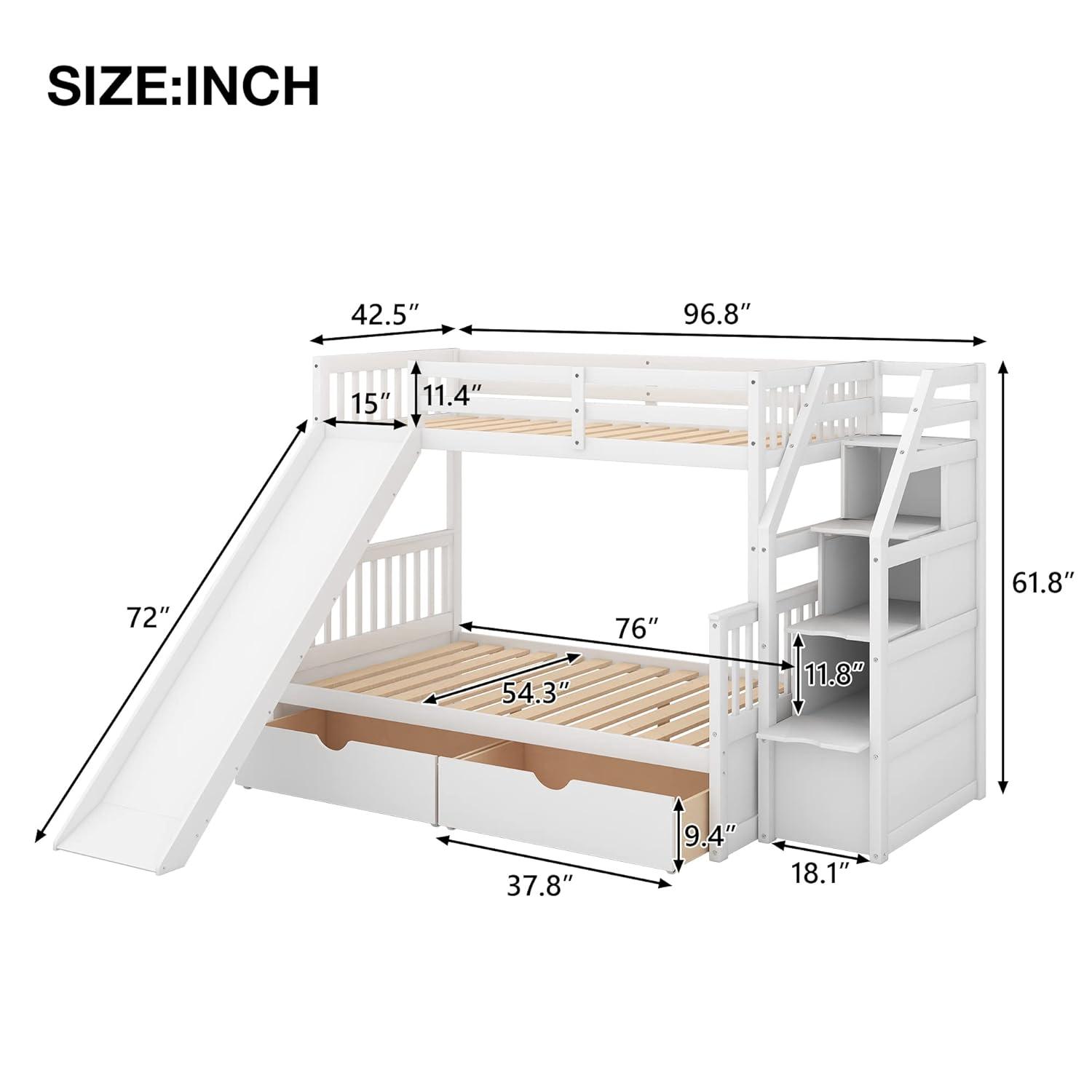 Twin Over Full Bunk Bed with Stairs and Slide, Solid Wood Bunk Bed Frame with Storage Drawers for Kids Girls Boys (White)