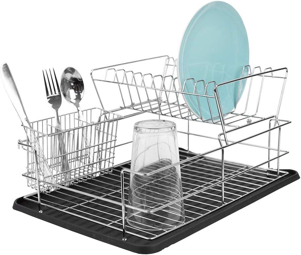 Black Metal 2-Tier Dish Rack with Utensil Cup