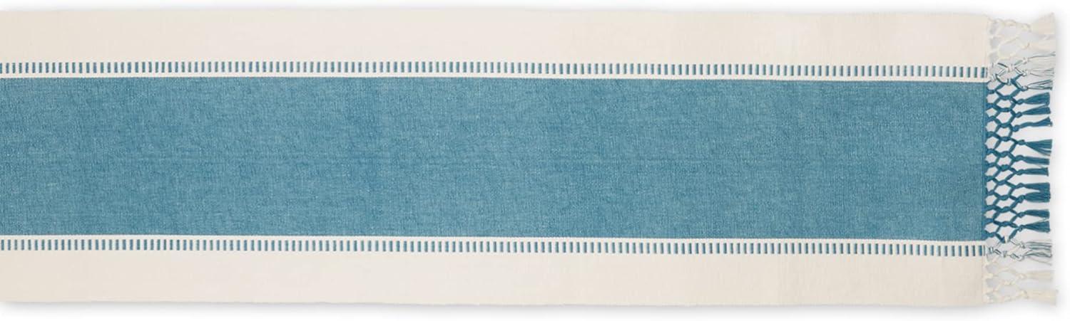 Storm Blue and White Cotton Table Runner with Fringe, 13x108