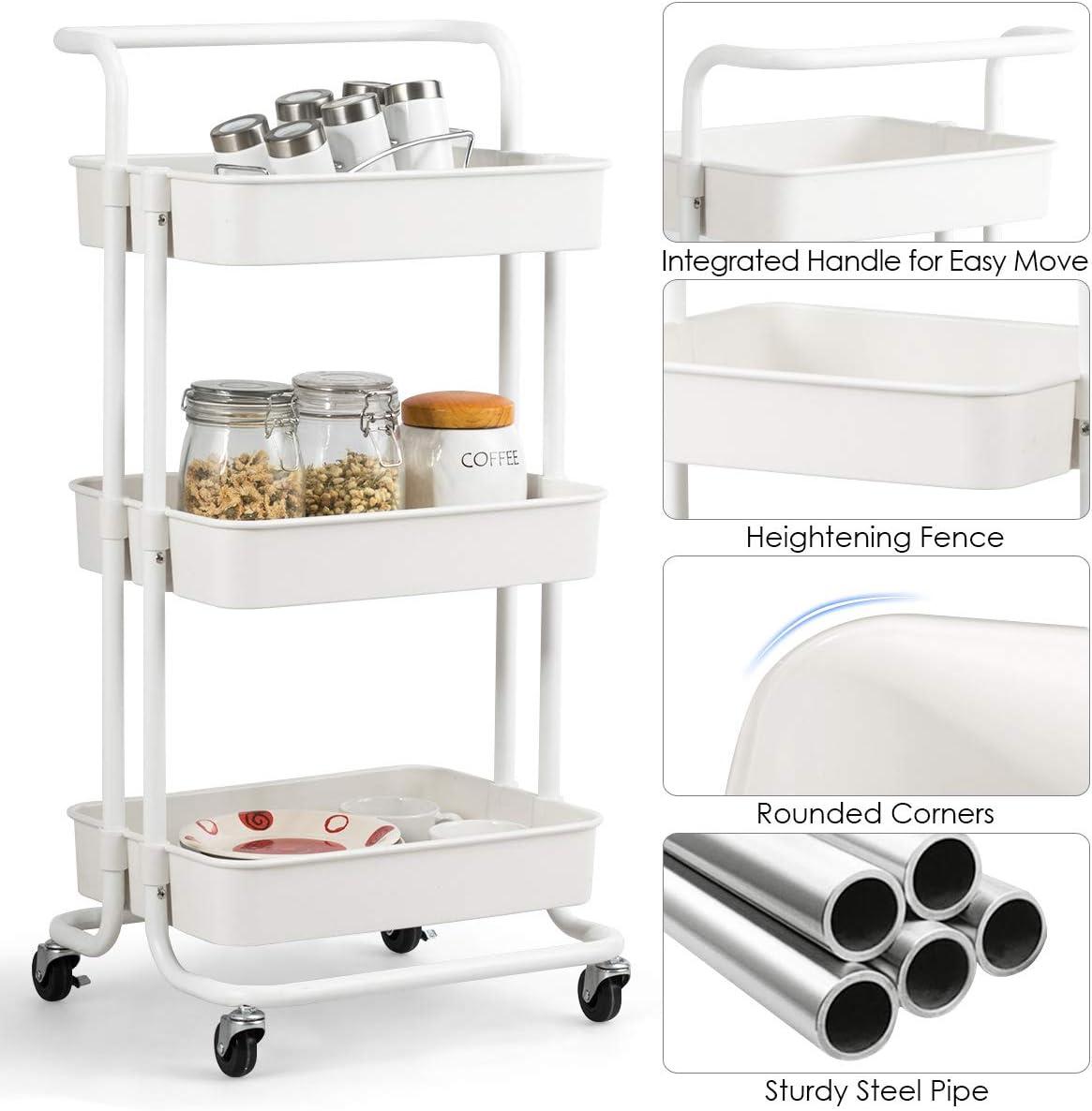 Topcobe 3-Tier Utility Cart Storage Rolling Cart with Casters, Portable Kitchen Island, Kitchen Carts on Wheels, White