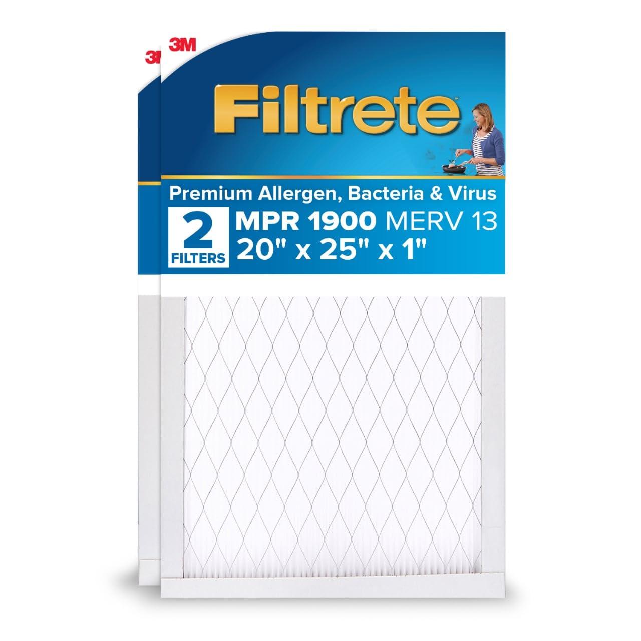 Filtrete 20x25x1 Air Filter, MPR 1900, MERV 13, Healthy Living Ultimate Allergen 3-Month Pleated 1-Inch Air Filters, 2 Filters