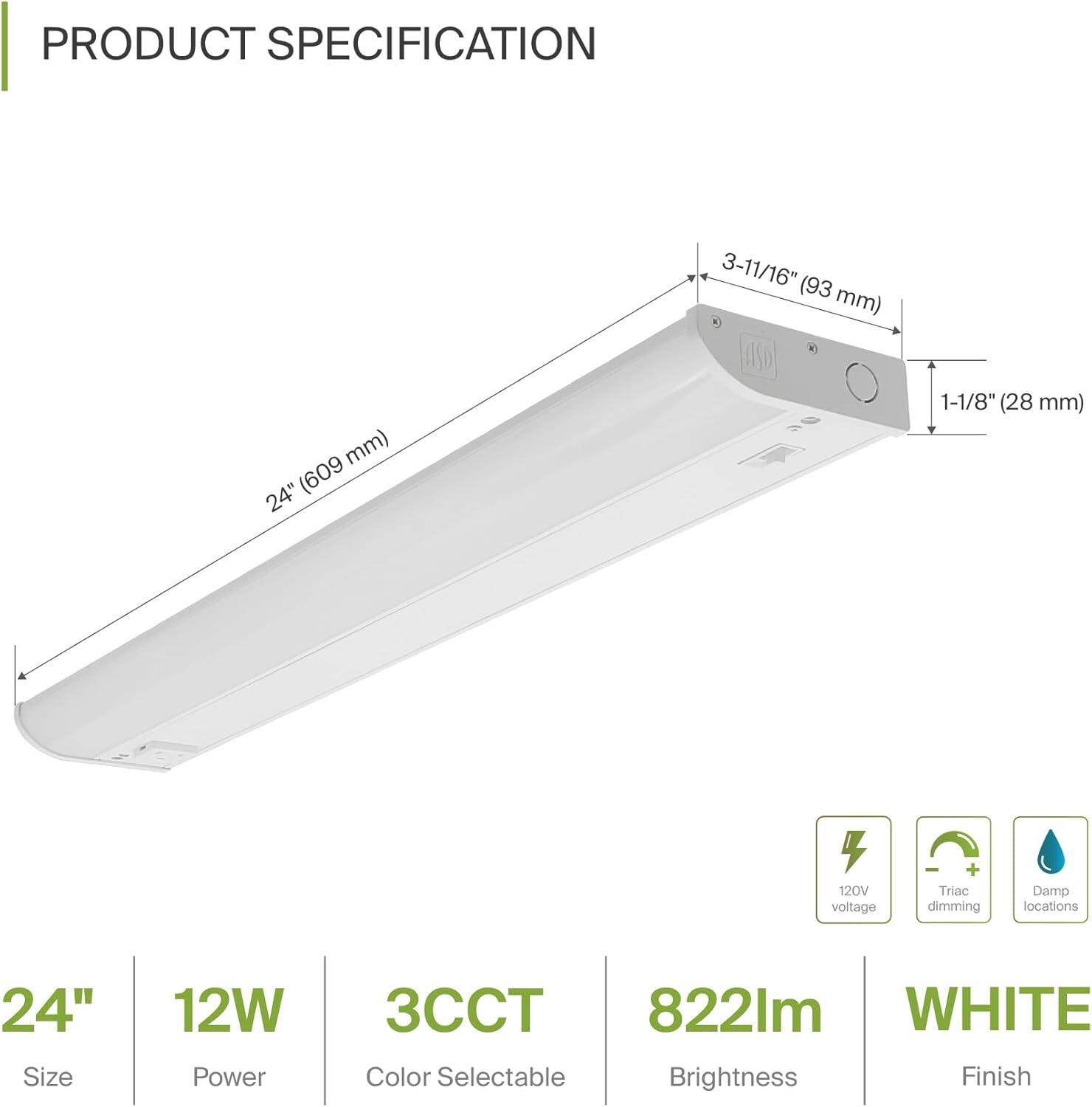 ASD LED Under Cabinet Lighting with 1 Power Outlet, 24 inch 12W 822 LM, Hardwired Under Cabinet Lights for Kitchen, 3000K Soft/4000K Cool/5000K Daylight, Under Counter Light Fixtures, ETL White