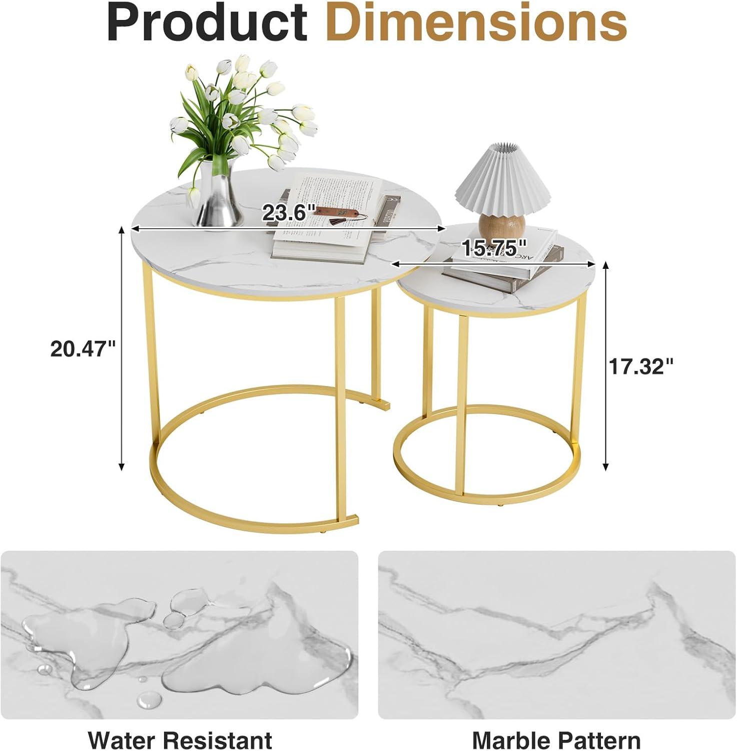 Yesfashion Nesting Coffee Table Set Of 2, 27.6" Round Coffee Table Wood Top With Sturdy Metal Frame, End Table Side Tables For Living Room Bedroom Balcony Yard