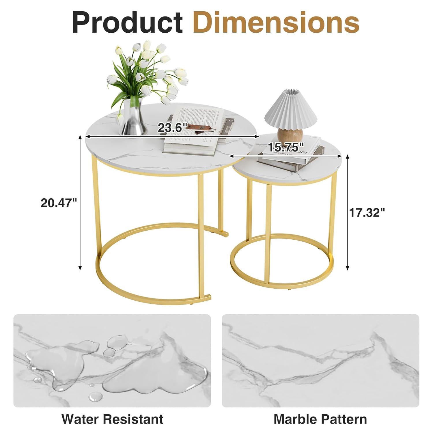 Yesfashion Nesting Coffee Table Set Of 2, 27.6" Round Coffee Table Wood Top With Sturdy Metal Frame, End Table Side Tables For Living Room Bedroom Balcony Yard