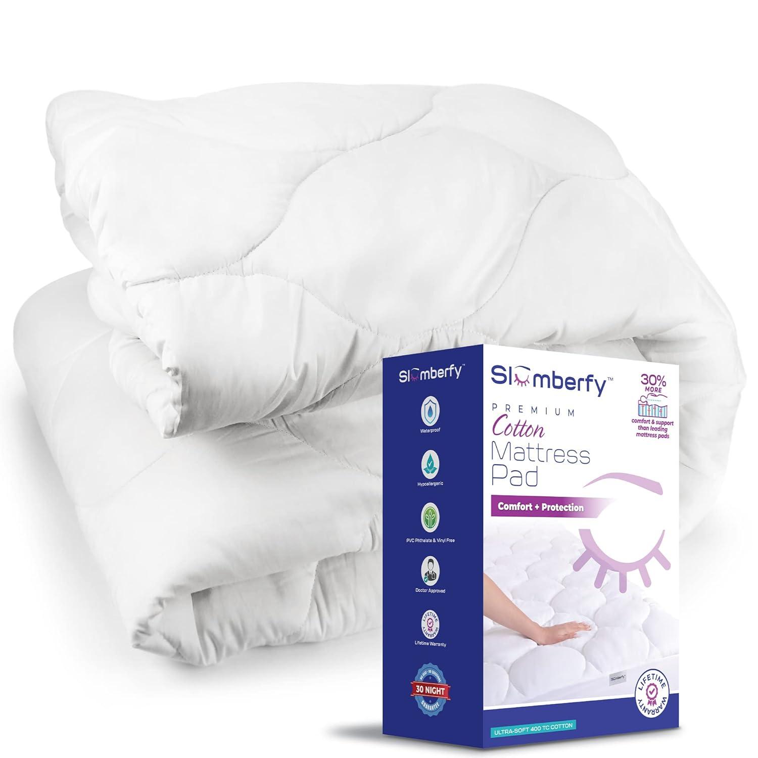 Cal King Size Waterproof Premium Mattress Pad by Slumberfy, Skin-Safe Mattress Pad with Bamboo Topper, All Natural & Breathable Fabric, Quilted, Fitted Bed Cover, Cooling Mattress Topper – 60x80 in.