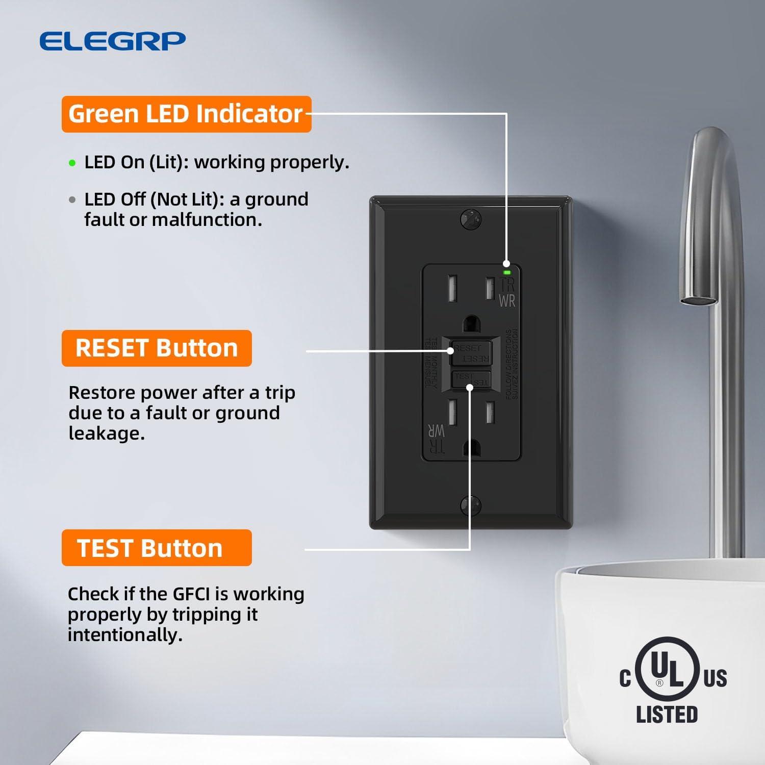 ELEGRP GFCI Outlet Outdoor, 15 Amp Self-Test GFI Electrical Outlet with Thinner Design, Weather & Tamper Resistant GFCI Receptacle, Ground Fault Receptacle with Screwless Wall Plate, UL Listed, Black