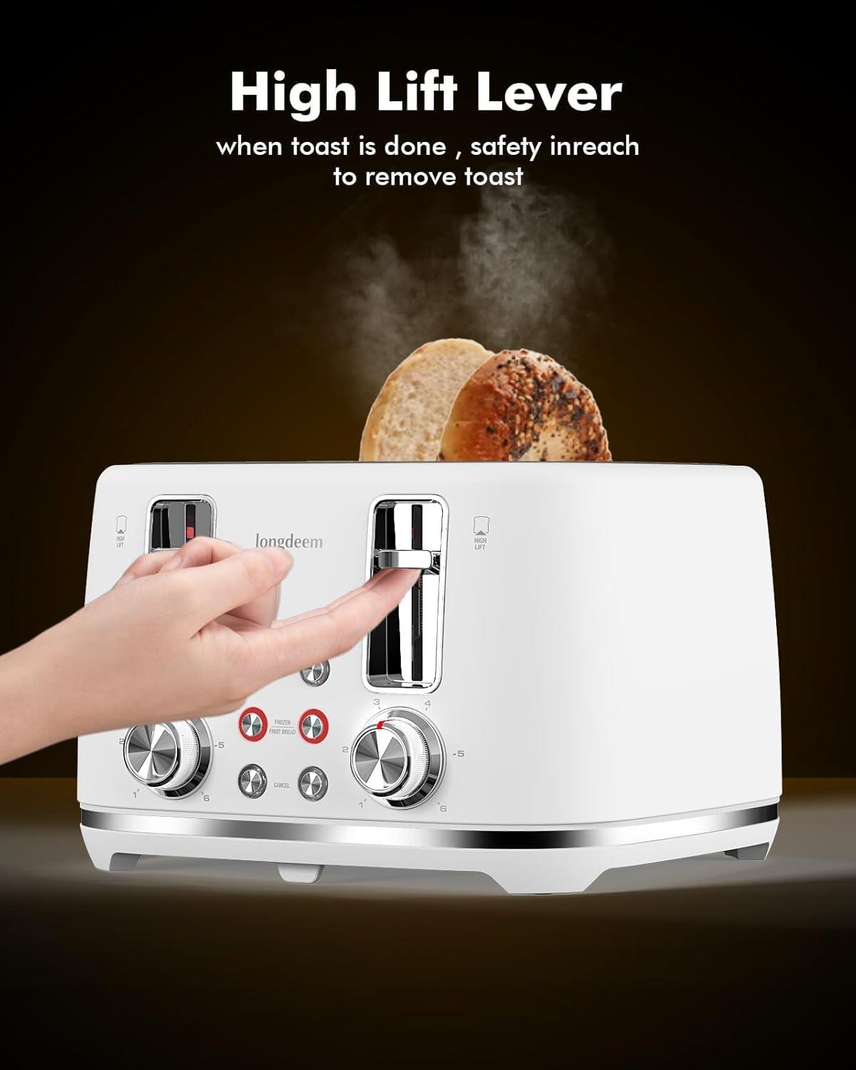 LONGDEEM 4 Slice Toaster, Extra Wide Slots, Longdeem Retro Stainless Steel Toasters, 6 Browning Options, Auto Shut Off & Frozen Function, Toast Fruit Bread, Bagel & Waffle