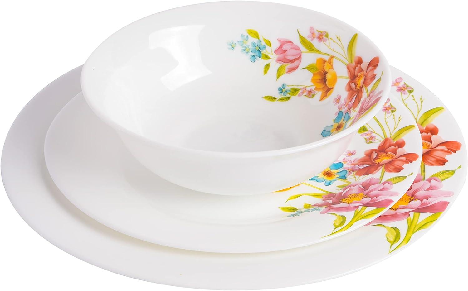 18-Piece Red Floral Opal Glass Dinnerware Set, Service for 6