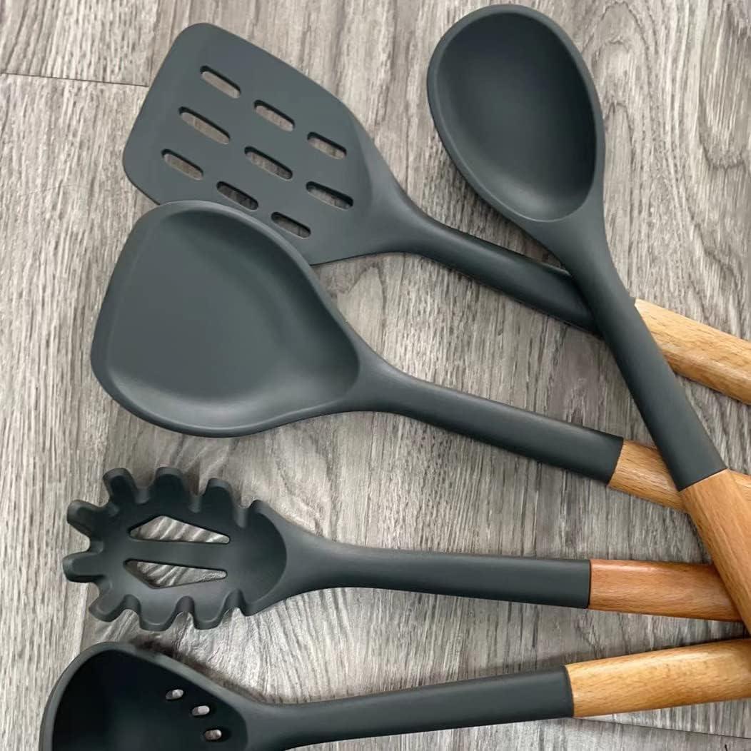 Large Silicone Cooking Utensils - Heat Resistant Kitchen Utensil Set with Wooden Handles, Spatula,Turner, Slotted Spoon, Pasta server, Kitchen Gadgets Tools Sets for Non-Stick Cookware (Black)