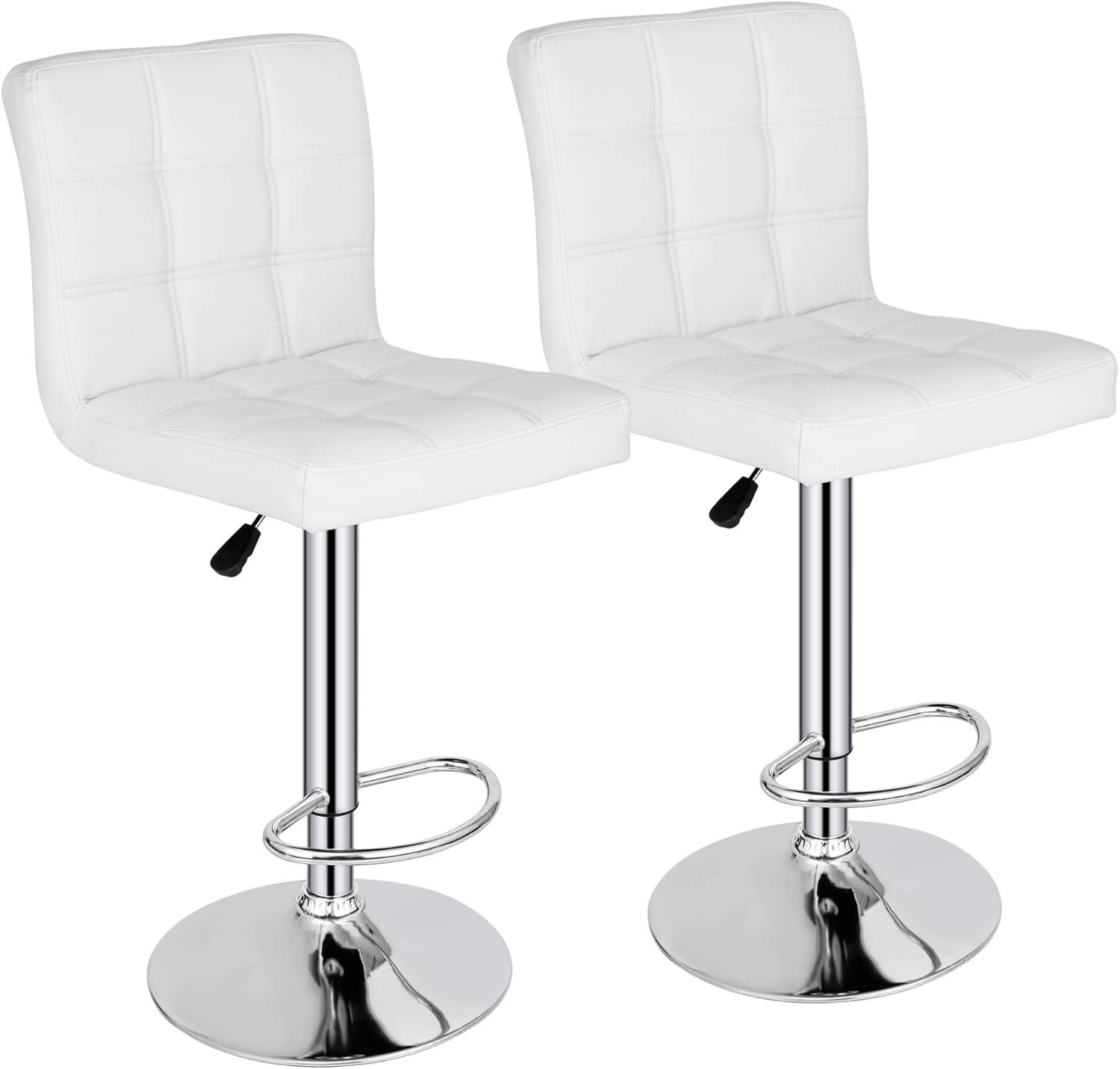 White Adjustable Swivel Metal and Leather Bar Stools Set