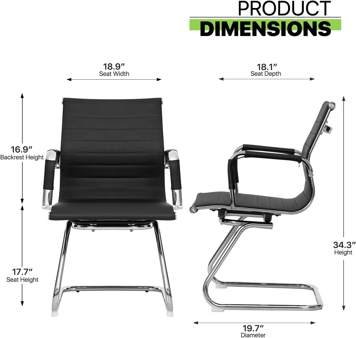 Guyou Modern Mid Back Office Guest Chair Set of 2, Faux Leather Reception Chair Computer Chair with Armrests and Metal Sled Base for Meeting/Waiting/Conference Room, No Wheels, Black