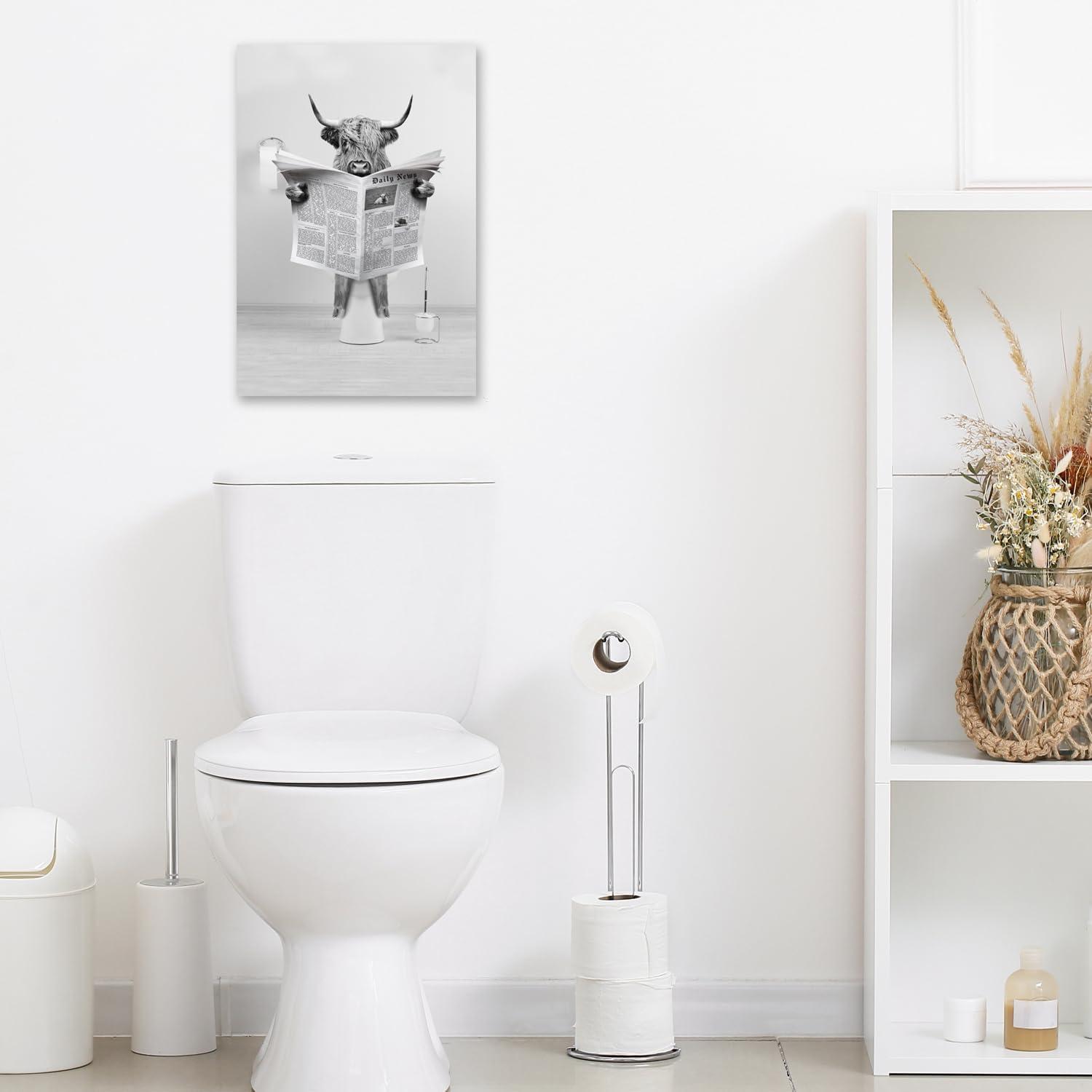 Modern Black Framed Highland Cow Wall Art Minimalist Bathroom Wall Decor Cute Funny Animals Artwork Canvas Prints Ready to Hang for Guest Bathroom, Hotel, Condo, Kids Bathroom, 12”x16”