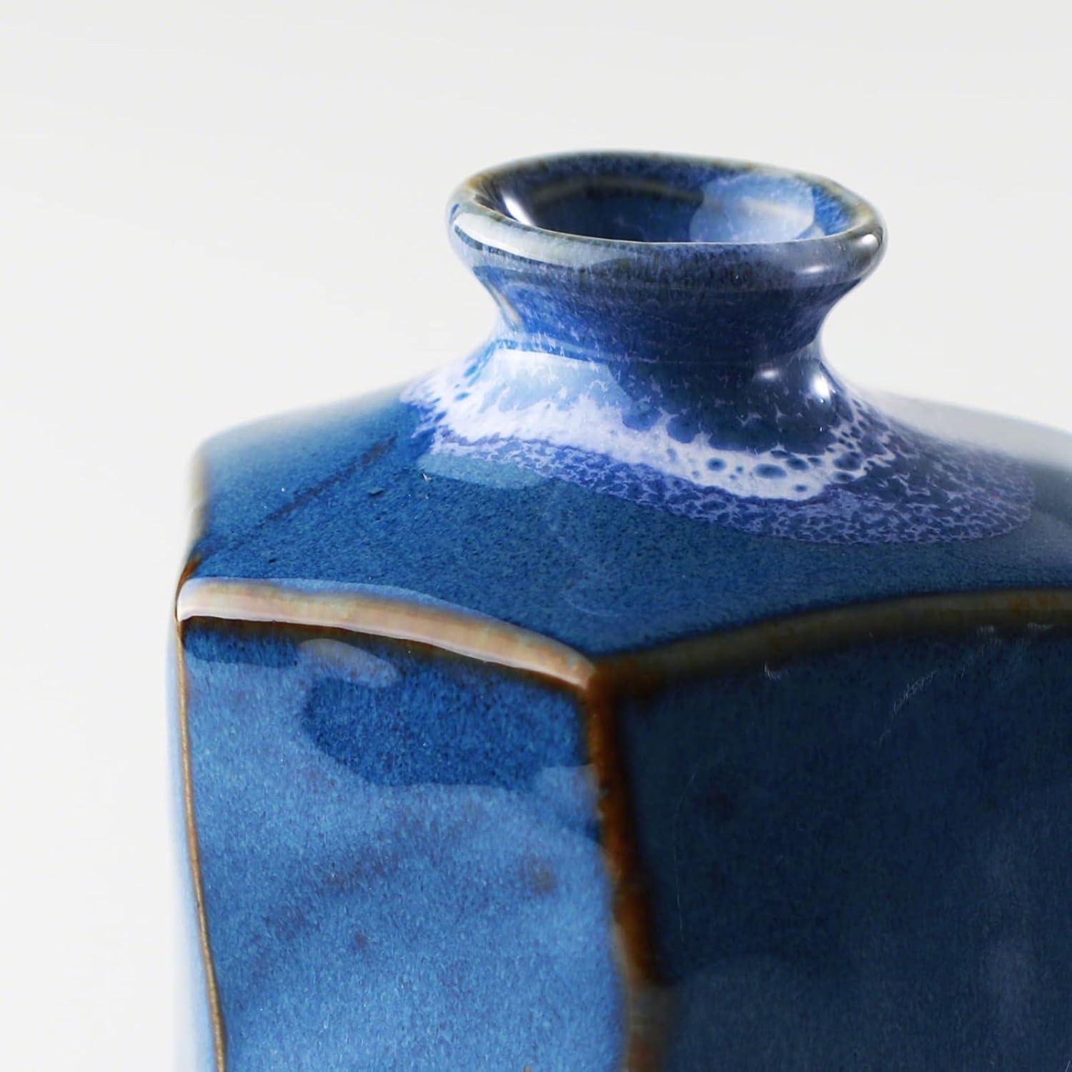 Wazakura Minoyaki Ceramic Small Ikebana Flower Bud Vase Hexagon Shaped Blue Made in Japan