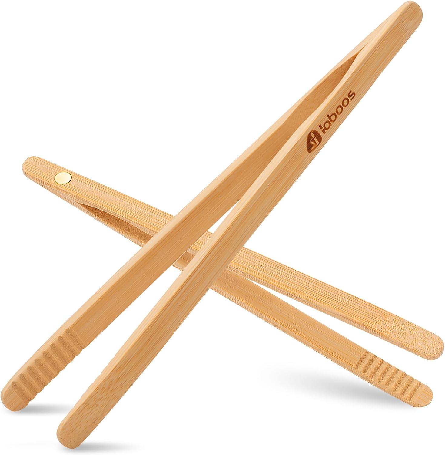 Reusable Classic Bamboo Toast Tongs - Wood Cooking Tong,Ideal for Toaster,Fruits, Bread & Pickles, Kitchen Utensil For Cheese Bacon Muffin Fruits Bread - 8" Long | Set of 2