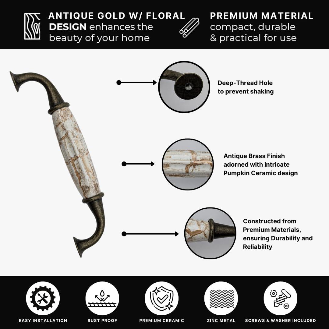 12 pcs Antique Brass Ceramic Pumpkin Cabinet Handles with Brown Marble Finish for Cabinets, Drawers, Dressers, Trays