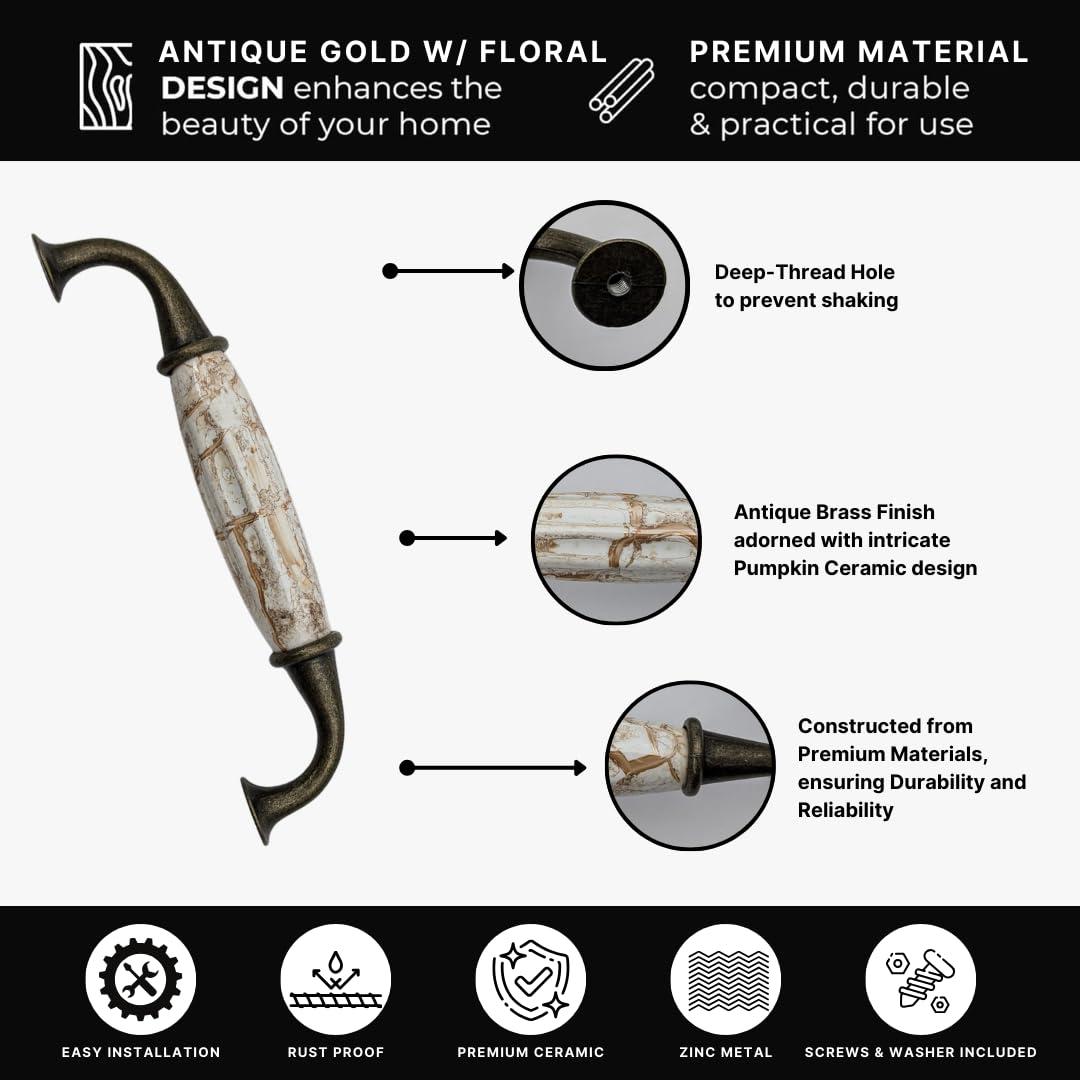 12 pcs Antique Brass Ceramic Pumpkin Cabinet Handles with Brown Marble Finish for Cabinets, Drawers, Dressers, Trays