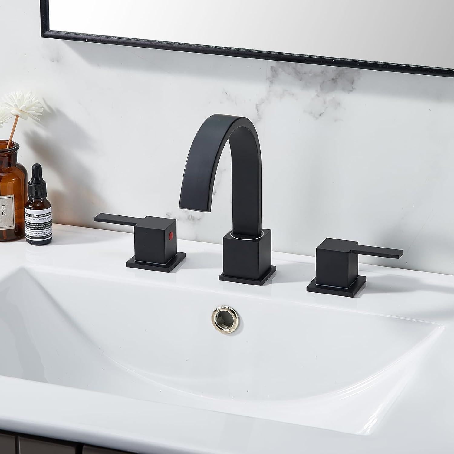 VAPSINT Black Bathroom Faucet 3 Hole, 8 Inch Widespread Matte Black Waterfall Bathroom Sink Faucet, 2 Handle Lavatory Vanity Faucet for Bathroom Sink with Pop Up Drain & Supply Hoses