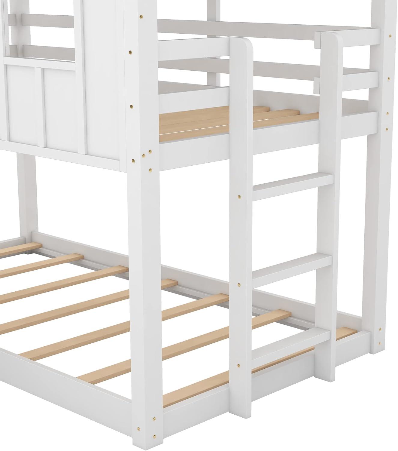 MERITLINE House Bunk Bed with Slide Twin Over Twin, Kids House Bunk Beds with Roof and Windows, Playhouse Bed for Kids, Girls, Boys, No Spring Box Needed, White