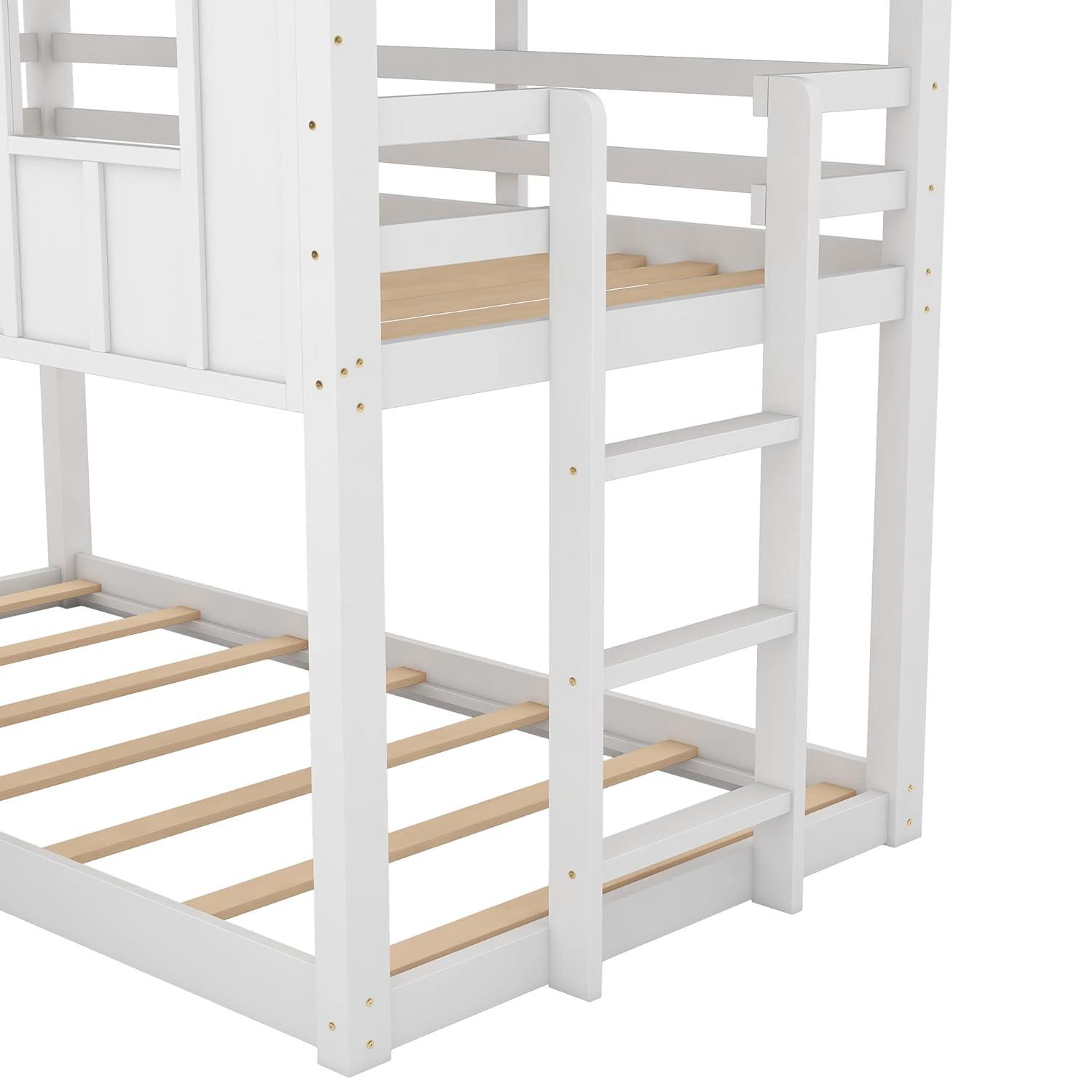 MERITLINE House Bunk Bed with Slide Twin Over Twin, Kids House Bunk Beds with Roof and Windows, Playhouse Bed for Kids, Girls, Boys, No Spring Box Needed, White