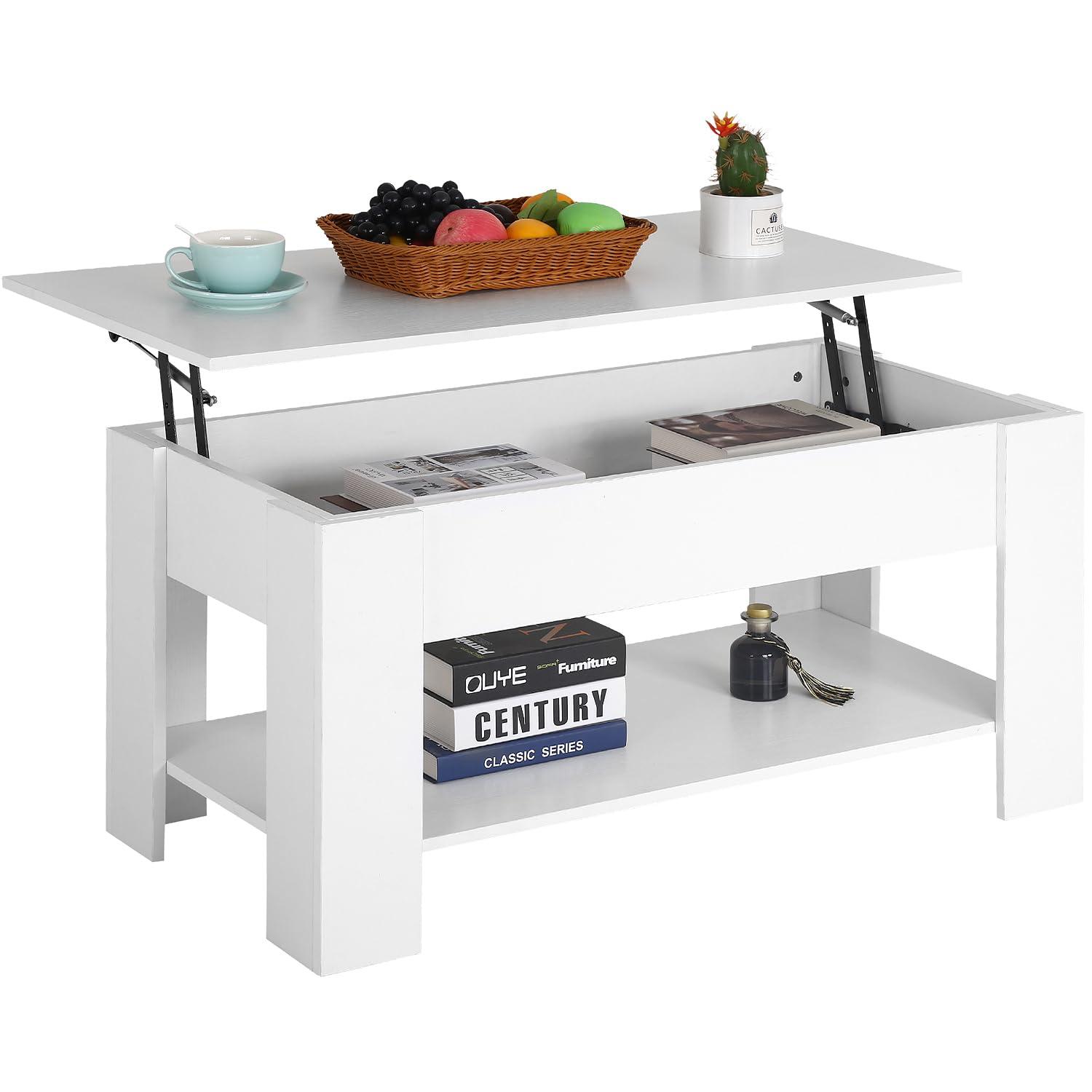 FDW Coffee Tables with Hidden Compartment and Storage Shelf Wooden Lift Tabletop Dining Table for Living Room Home (White)