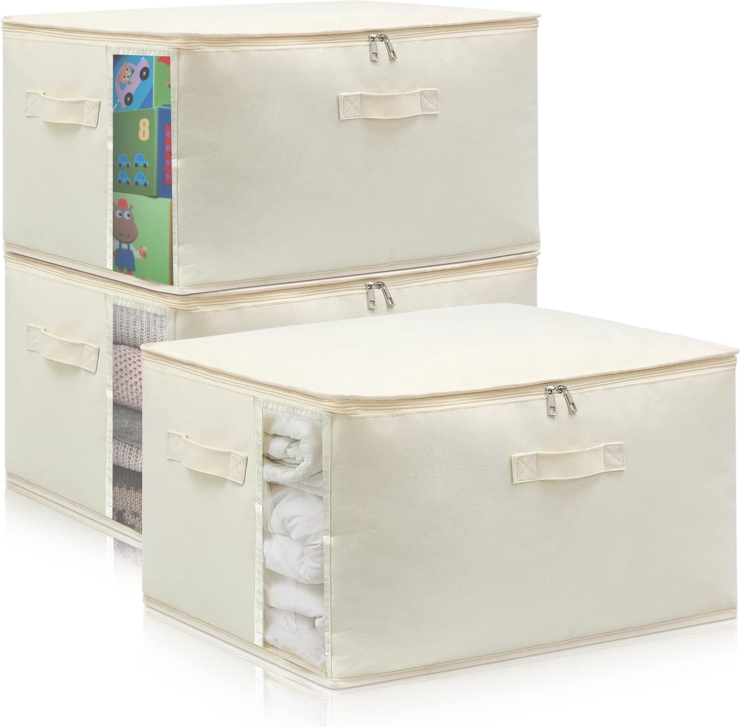 Canvas Comforters Bags Closet Organizers and Storage for Quilts Clothes Organization Containers Bins with Sturdy Zipper, Clear Window 75L for Sweaters Blankets Storage Bedroom Collapsible