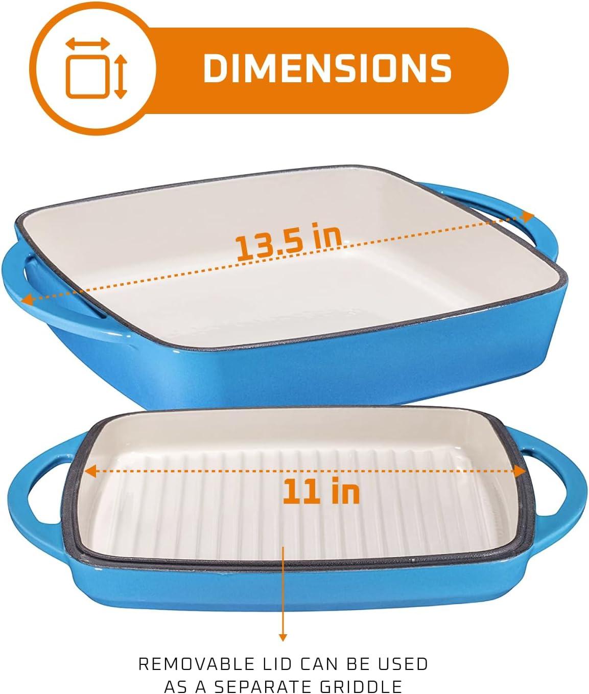 Bruntmor 2-in-1 Pre-seasoned Square Cast Iron Dutch Oven With Dual Handles, Blue
