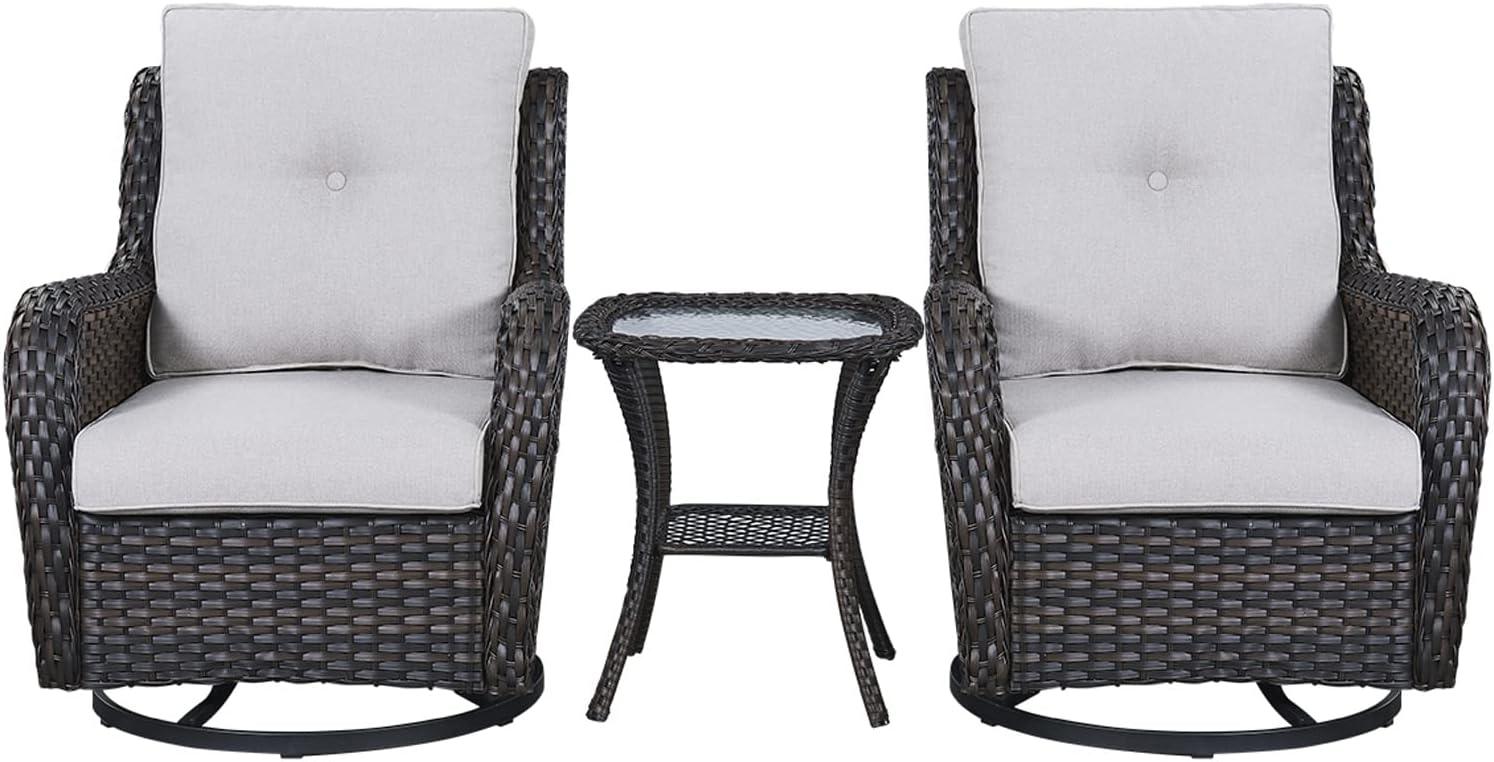 POCASSY 3 Piece Patio Set Outdoor Wicker Glider Rocking and Swivel Chairs with Side Table and Cushions - Patio Wicker Bistro Furniture Set, Brown Rattan & Beige Cushion