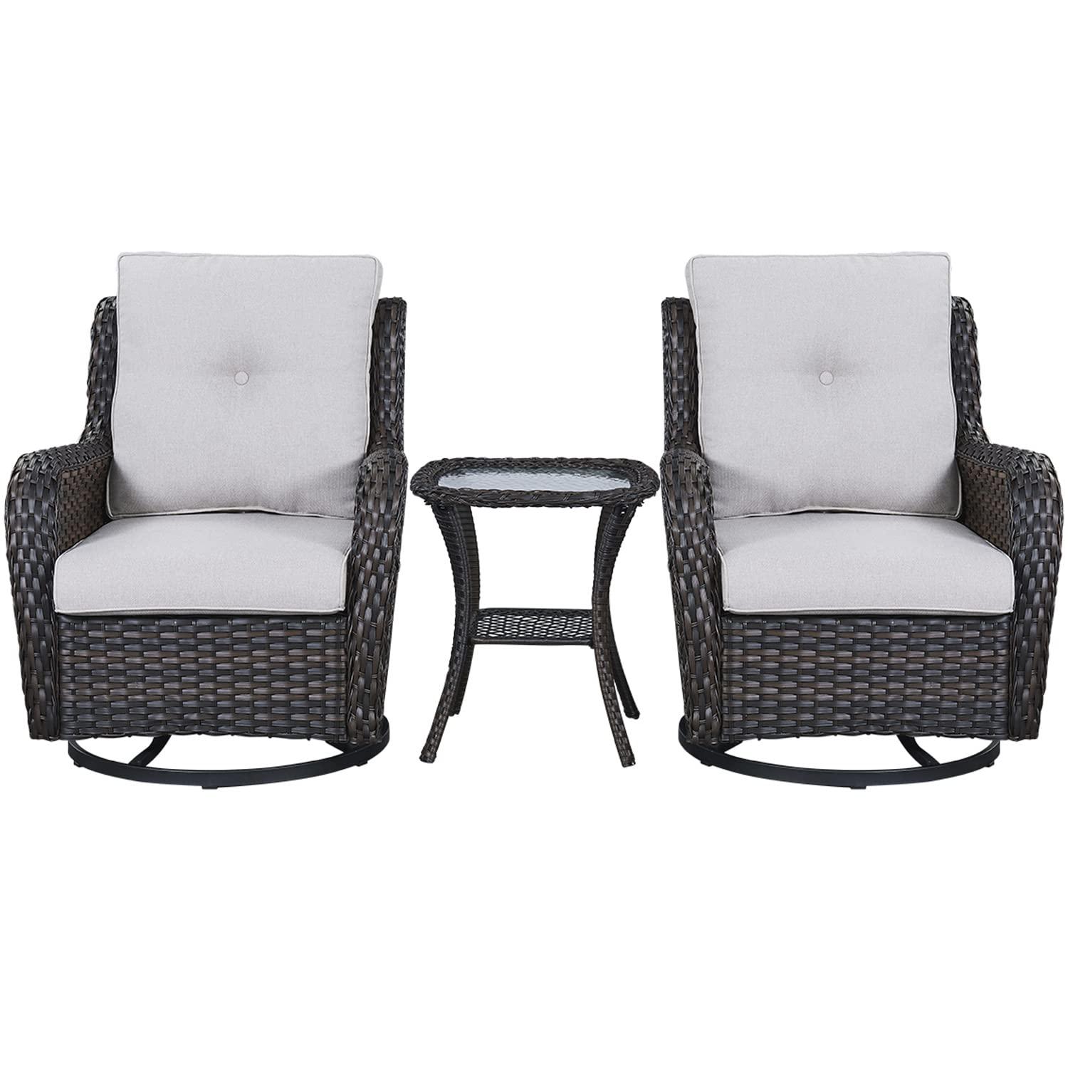 POCASSY 3 Piece Patio Set Outdoor Wicker Glider Rocking and Swivel Chairs with Side Table and Cushions - Patio Wicker Bistro Furniture Set, Brown Rattan & Beige Cushion