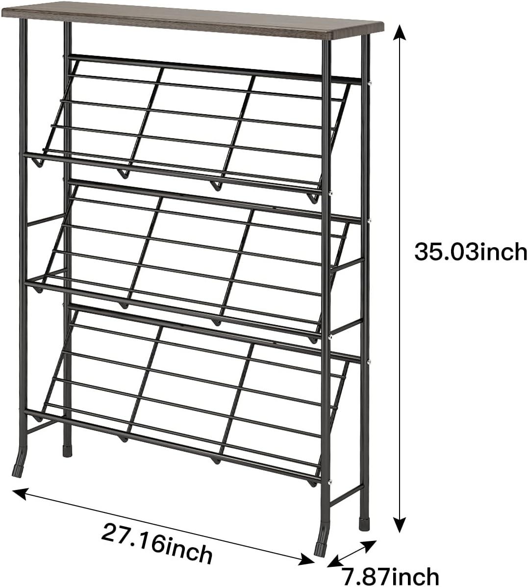 Narrow 4-Tier Black Metal Shoe Rack with Wood Top