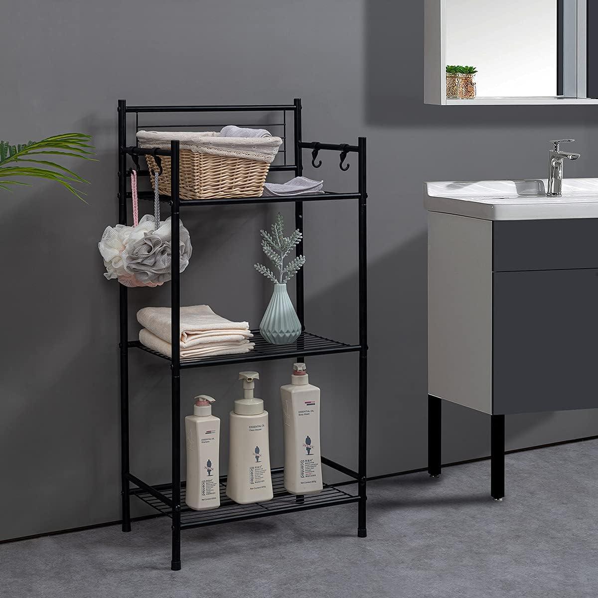 Black 3-Tier Metal Wire Shelving Unit with Hooks