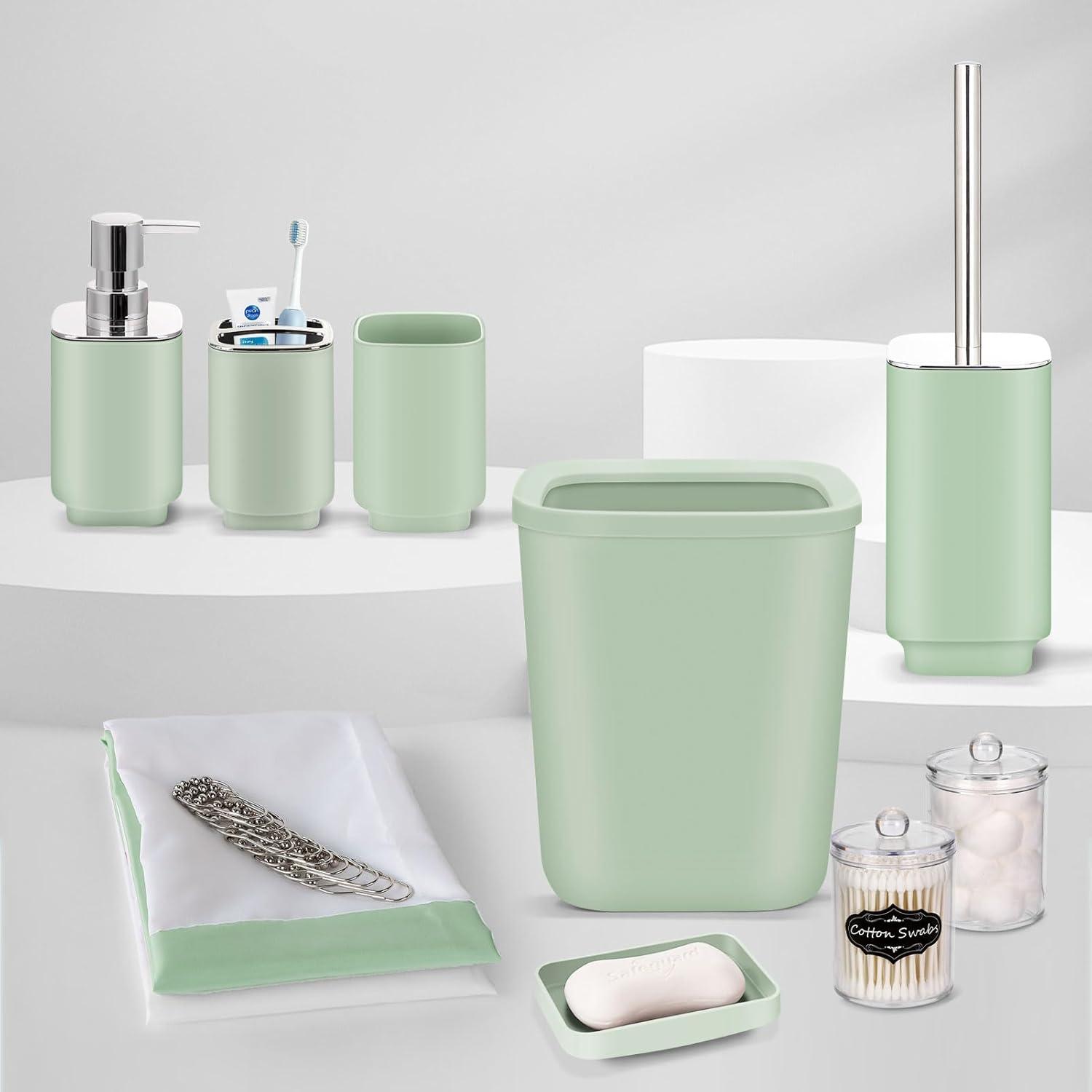 Green Plastic 9-Piece Bathroom Accessories Set with Labels