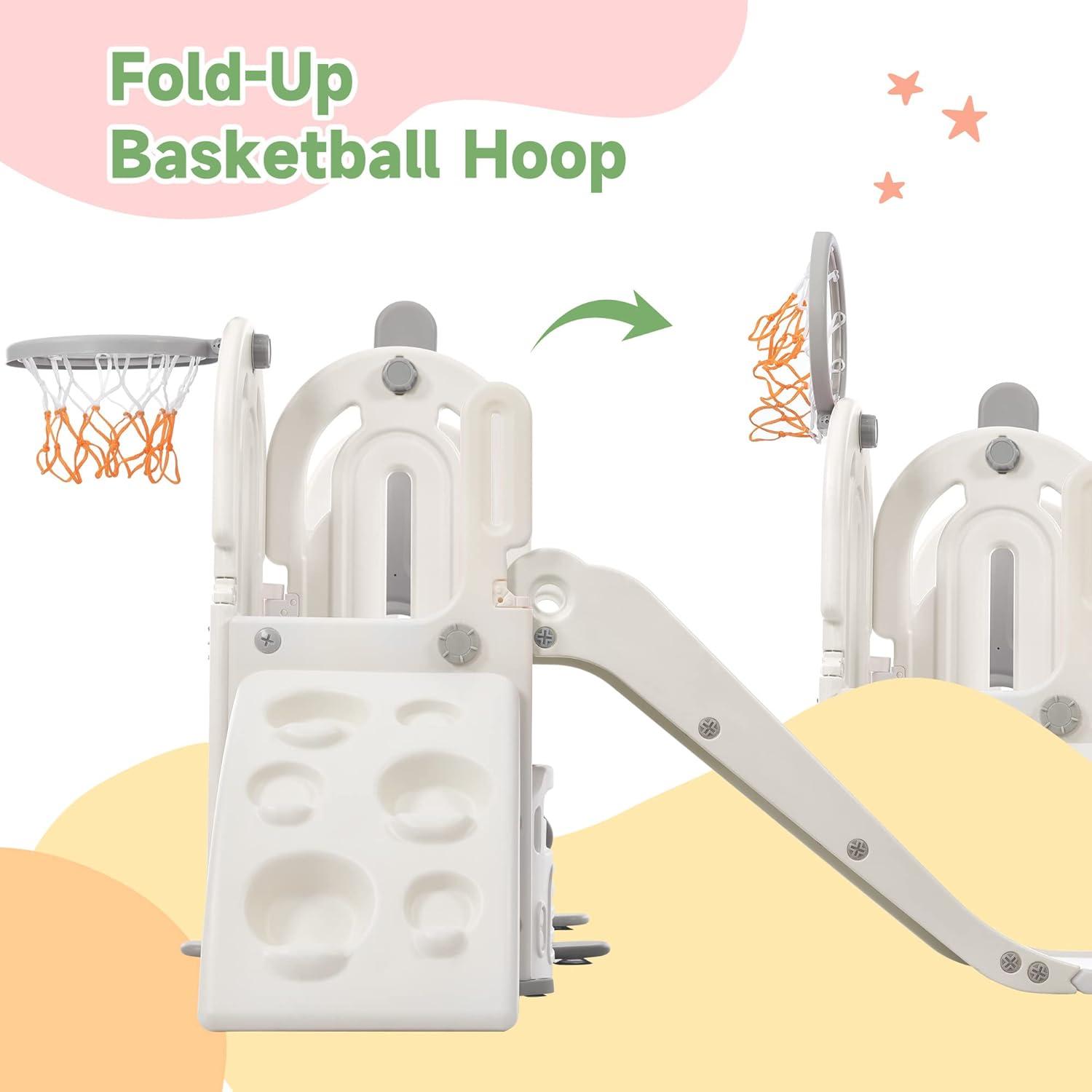 5 in 1 Toddler Climber and Slide Set for Backyard, Kids Playground Set with Slide, Swing, Climbing Ramp and Basketball Hoop, Indoor & Outdoor Playset for Children, Babies, Boys, Girls, Gray