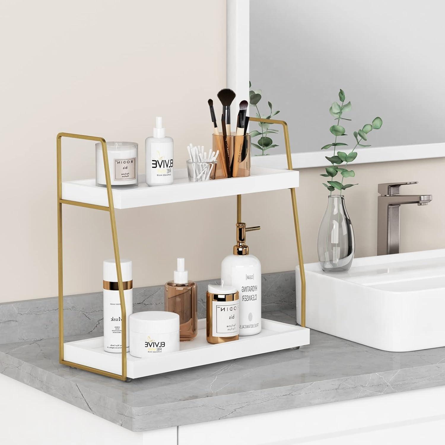 White and Gold 2-Tier Wooden Bathroom Organizer Tray