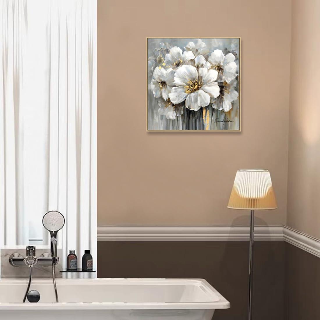 Square White and Gray Floral Canvas Painting with Gold Accents