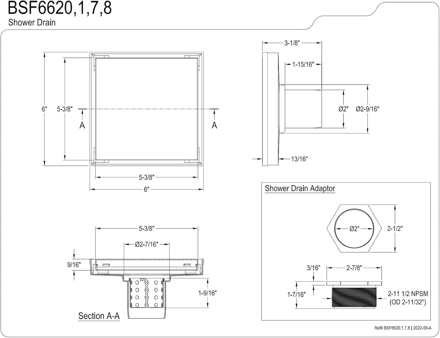 Kingston Brass Watercourse 6-Inch Stainless Steel Square Shower Drain