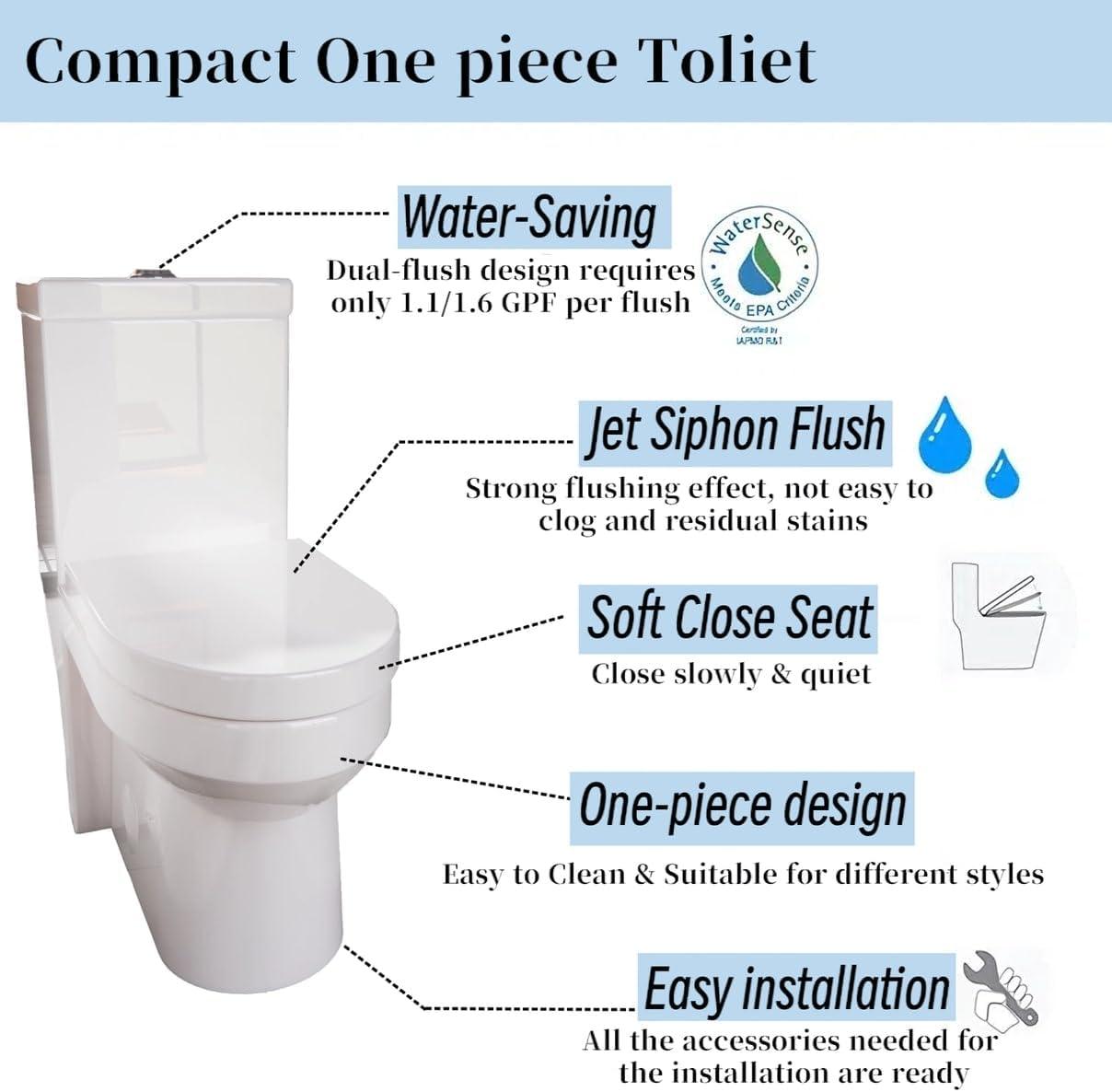Momei One Piece Toilet,Floor-Discharge Dual Flush,Glossy White - 24.8x13x27.56