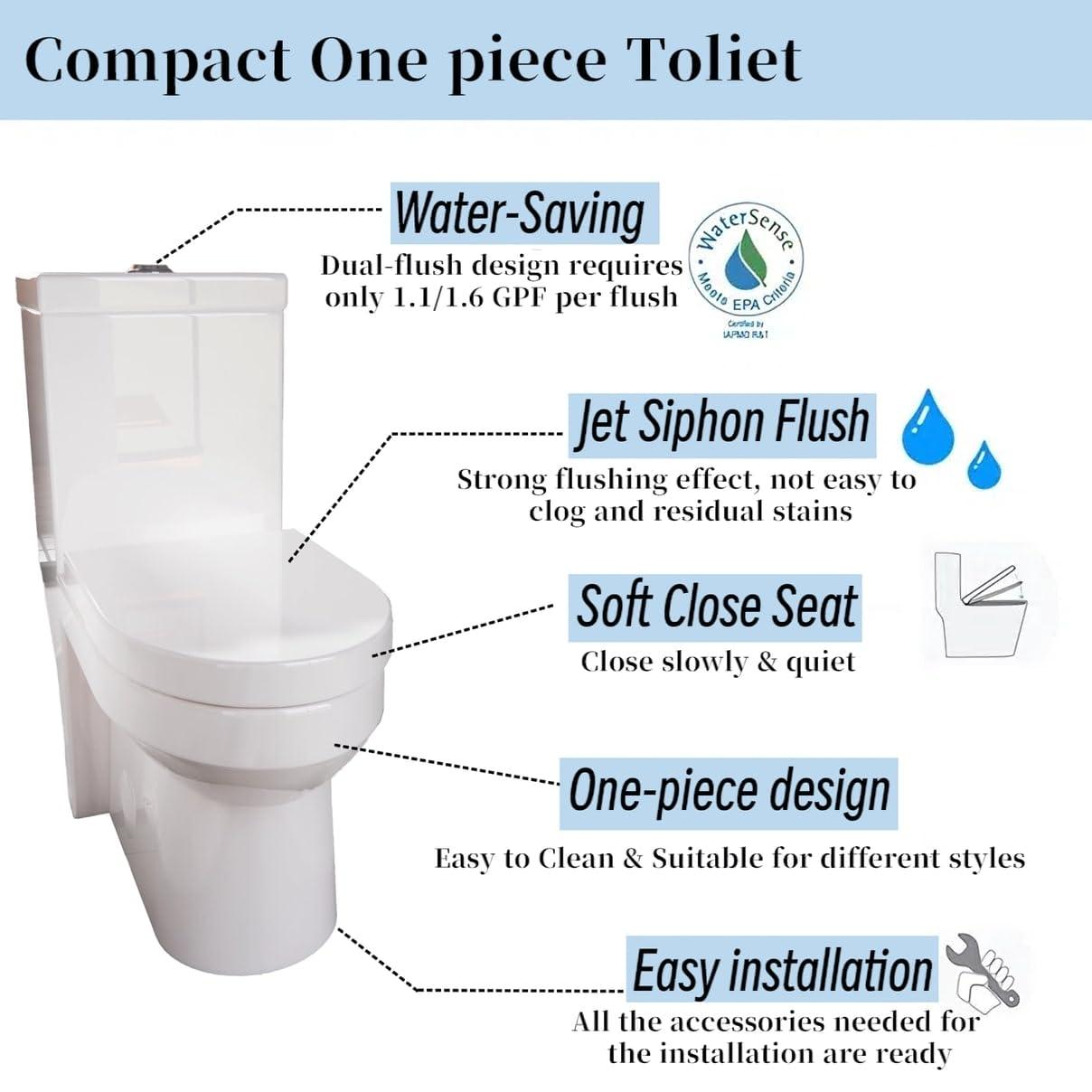 Momei One Piece Toilet,Floor-Discharge Dual Flush,Glossy White - 24.8x13x27.56