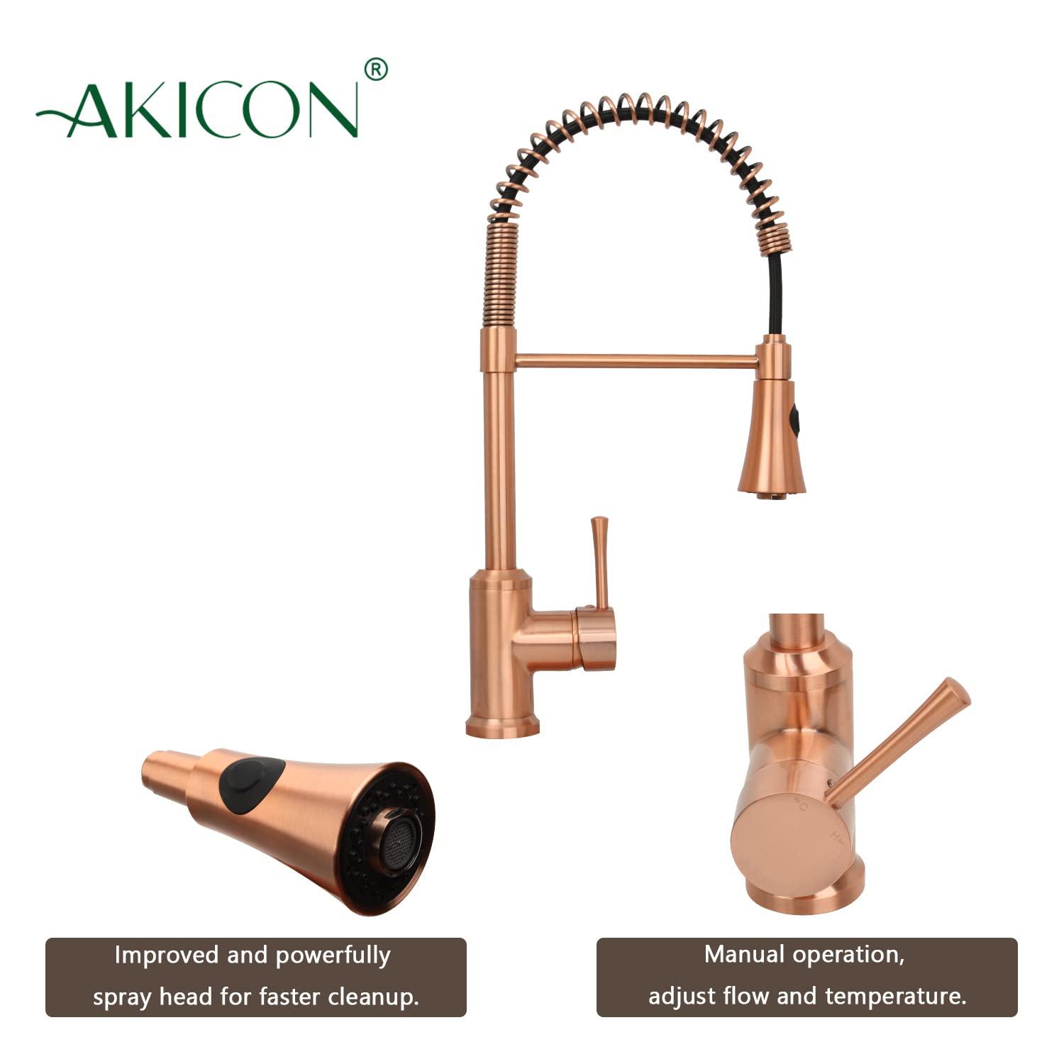 Akicon Pre-Rinse Spring Kitchen Faucet, Single Level with Pull Down Sprayer Copper Copper Finish