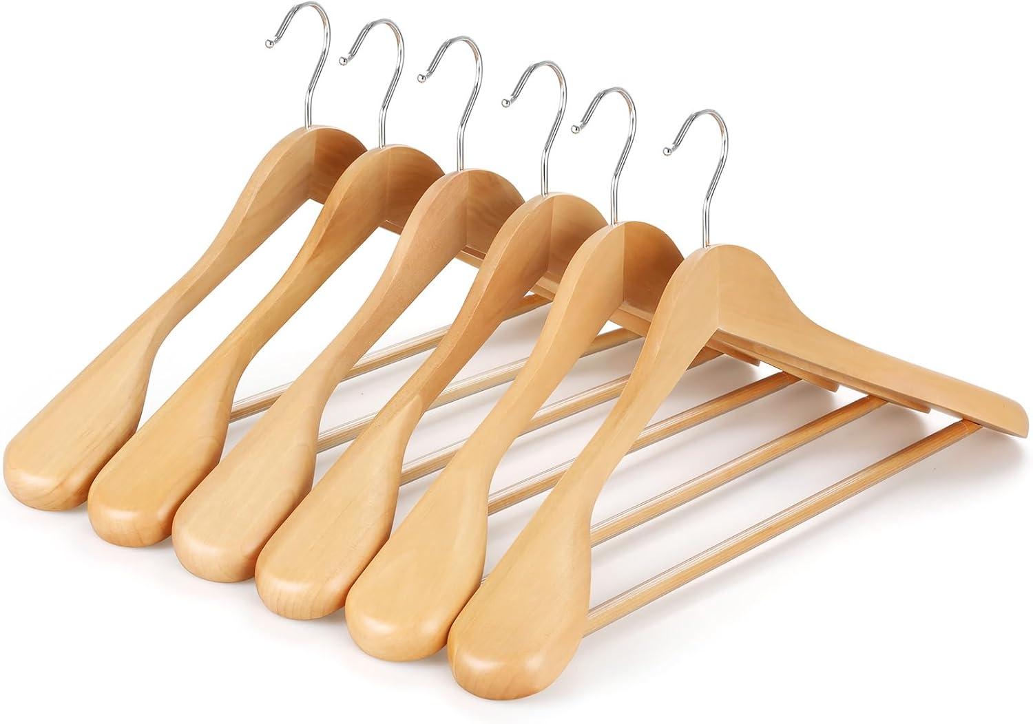 Natural Solid Wood Wide Shoulder Suit Hangers with Non-Slip Bar, 6 Pack