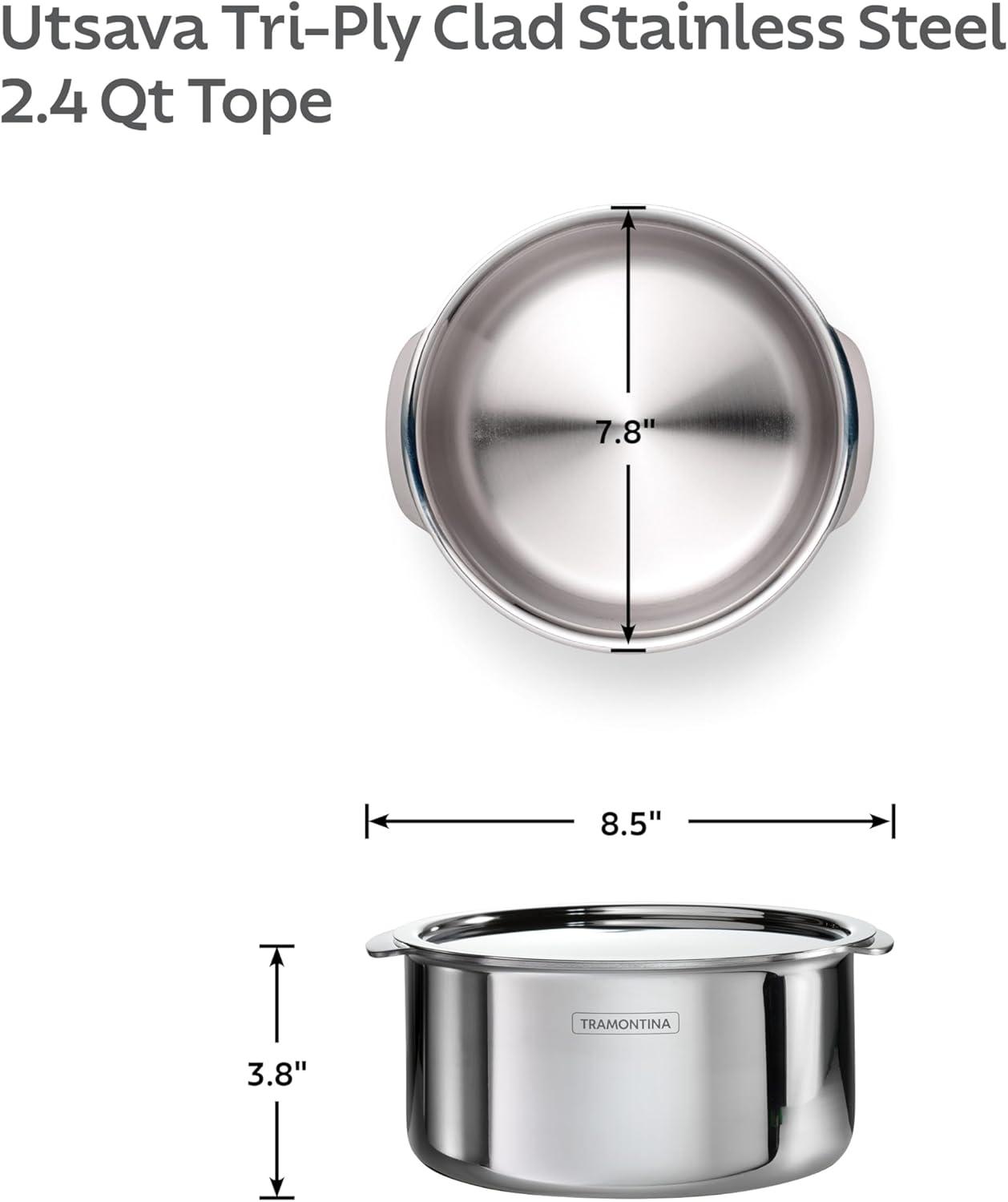 Tramontina Tramontina Utsava Tri-Ply Clad Stainless Steel Tope with Lid, Patila Pot for Indian Cooking