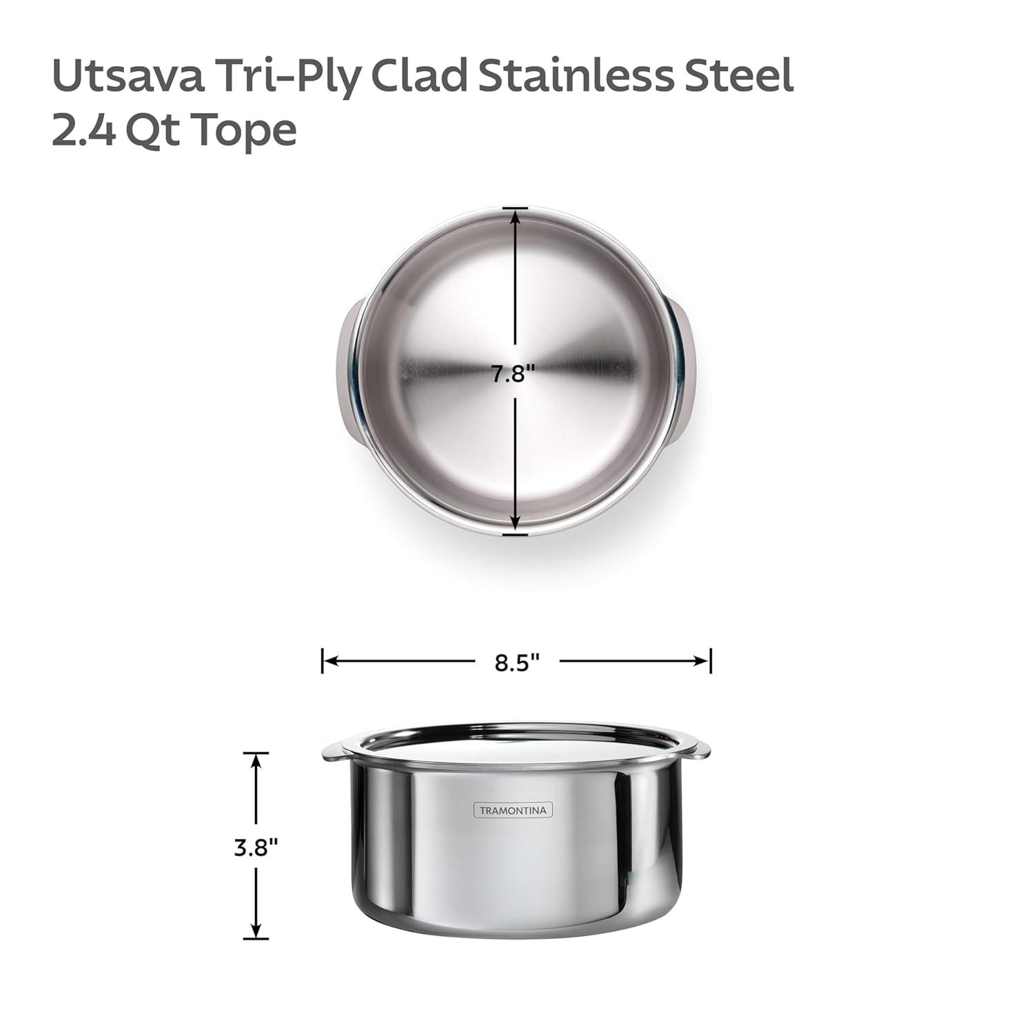 Tramontina Tramontina Utsava Tri-Ply Clad Stainless Steel Tope with Lid, Patila Pot for Indian Cooking