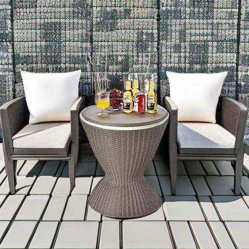 Demifill 3 In 1 8 Gallon Patio Rattan Cooler Bar Table with Adjust Ice Bucket, Outdoor Ice Cooler with Exquisite Wicker Outlook, Versatile Ice Cooler for Outdoor as Patio, Poolside, Brown