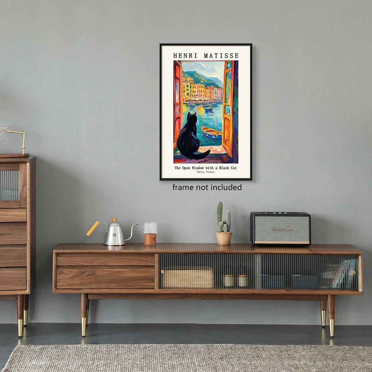 Henri Matisse Oil Paintings on Canvas Wall Art Matisse Famous Open Window Black Cat Poster Funny Cat Floral Print Colorful Farmhouse Gallery Aesthetic Room Decor for Bedroom Bathroom 12x16in Unframed