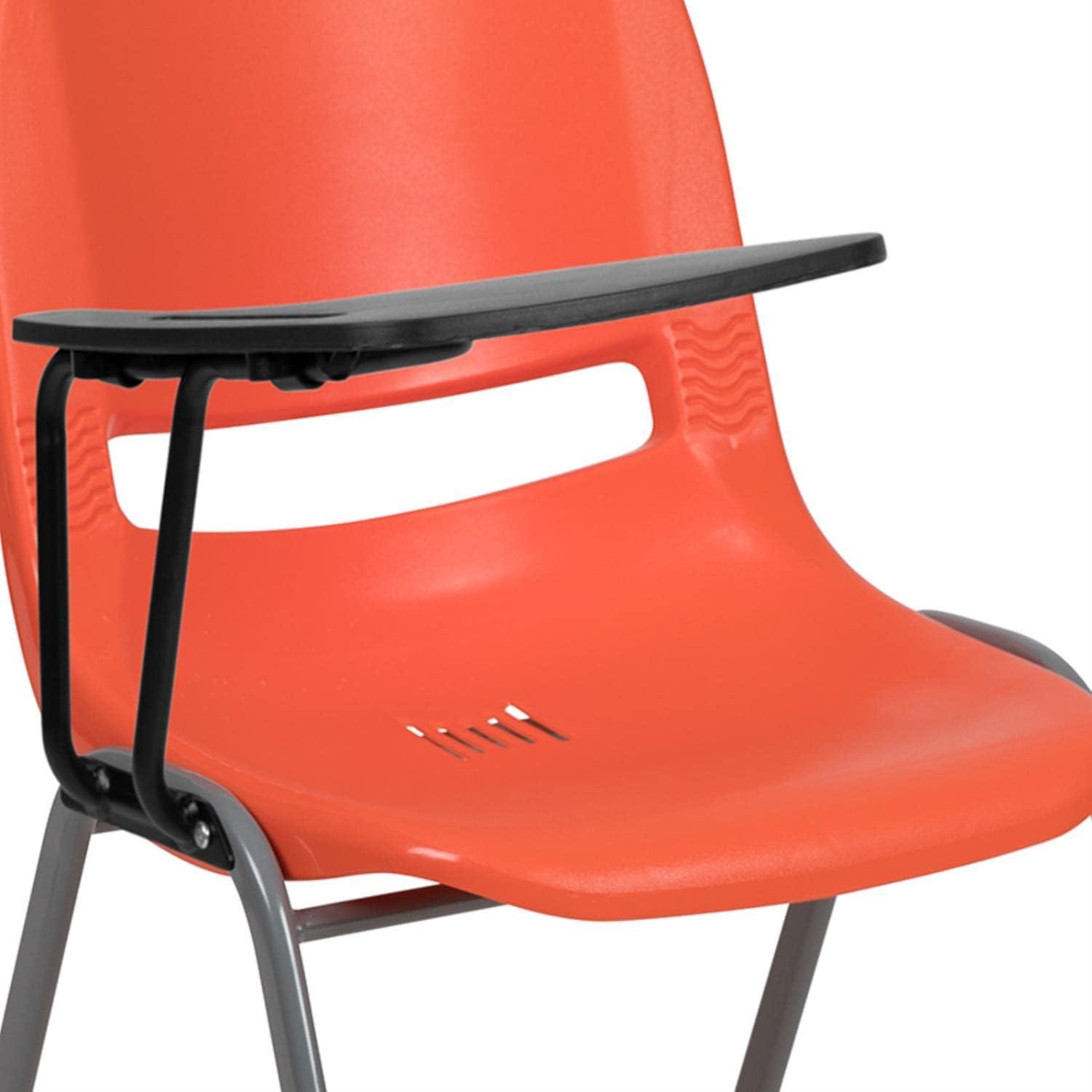 Compact Orange Ergonomic Shell Chair with Flip-Up Tablet Arm