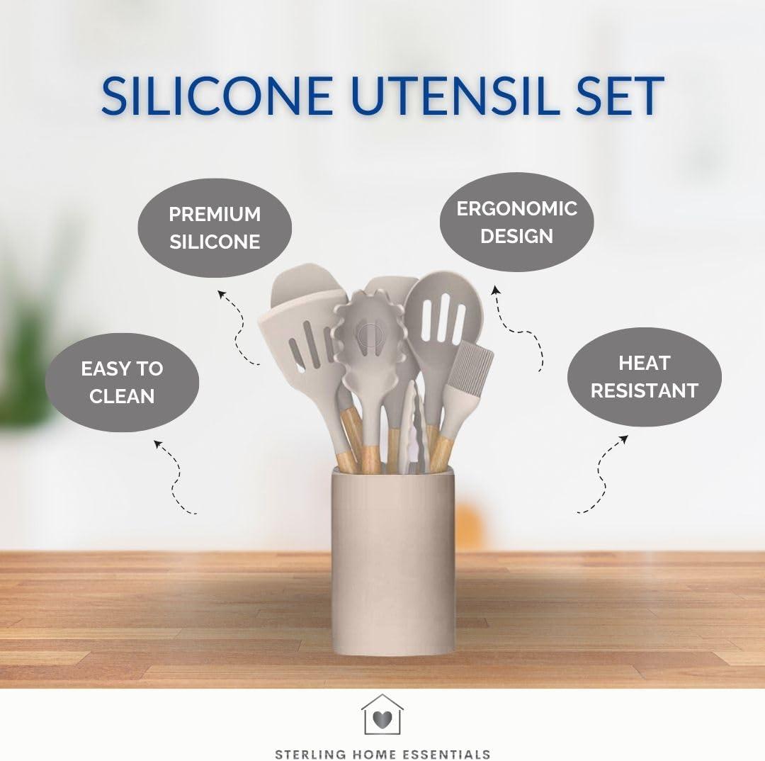 33 Pcs Silicone Kitchen Utensils Set, Khaki Kitchen Cooking Utensils Set with Natural Hard Wood Handle, Silicone Utensils Set with Holder, Heat Resistant, BPA Free, Non Toxic