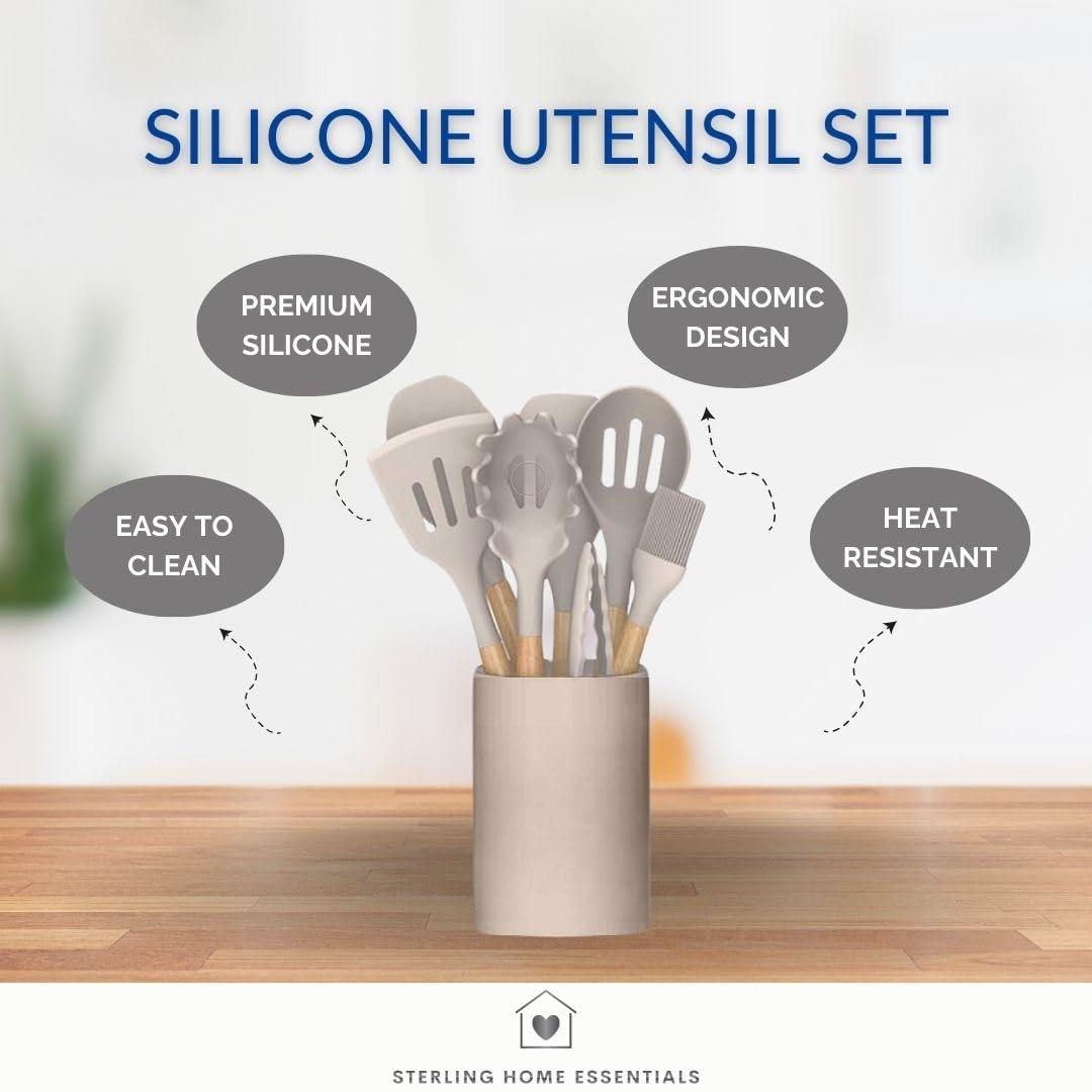 33 Pcs Silicone Kitchen Utensils Set, Khaki Kitchen Cooking Utensils Set with Natural Hard Wood Handle, Silicone Utensils Set with Holder, Heat Resistant, BPA Free, Non Toxic