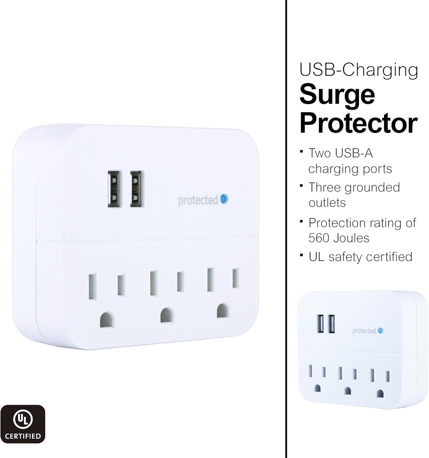 GE 3-Outlet Surge Protector Tap with USB Charging, White - 14512