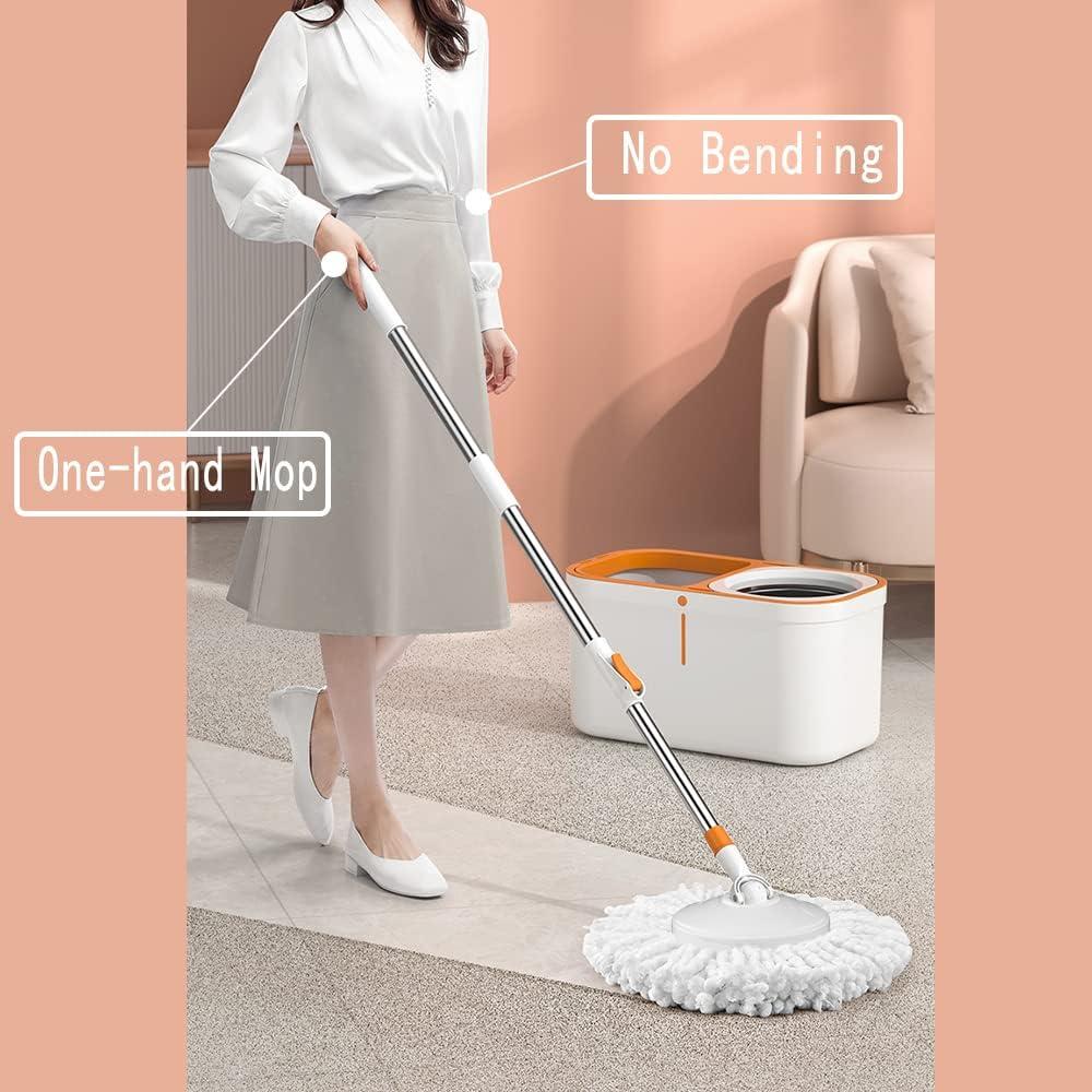 Floor Spin Mop and Bucket Set with Wringer System Extended Stainless Steel Handle 61＂for Home Floor Cleaning Use with 5 Replacement Head Refill and 1 Cleaning Brush Head